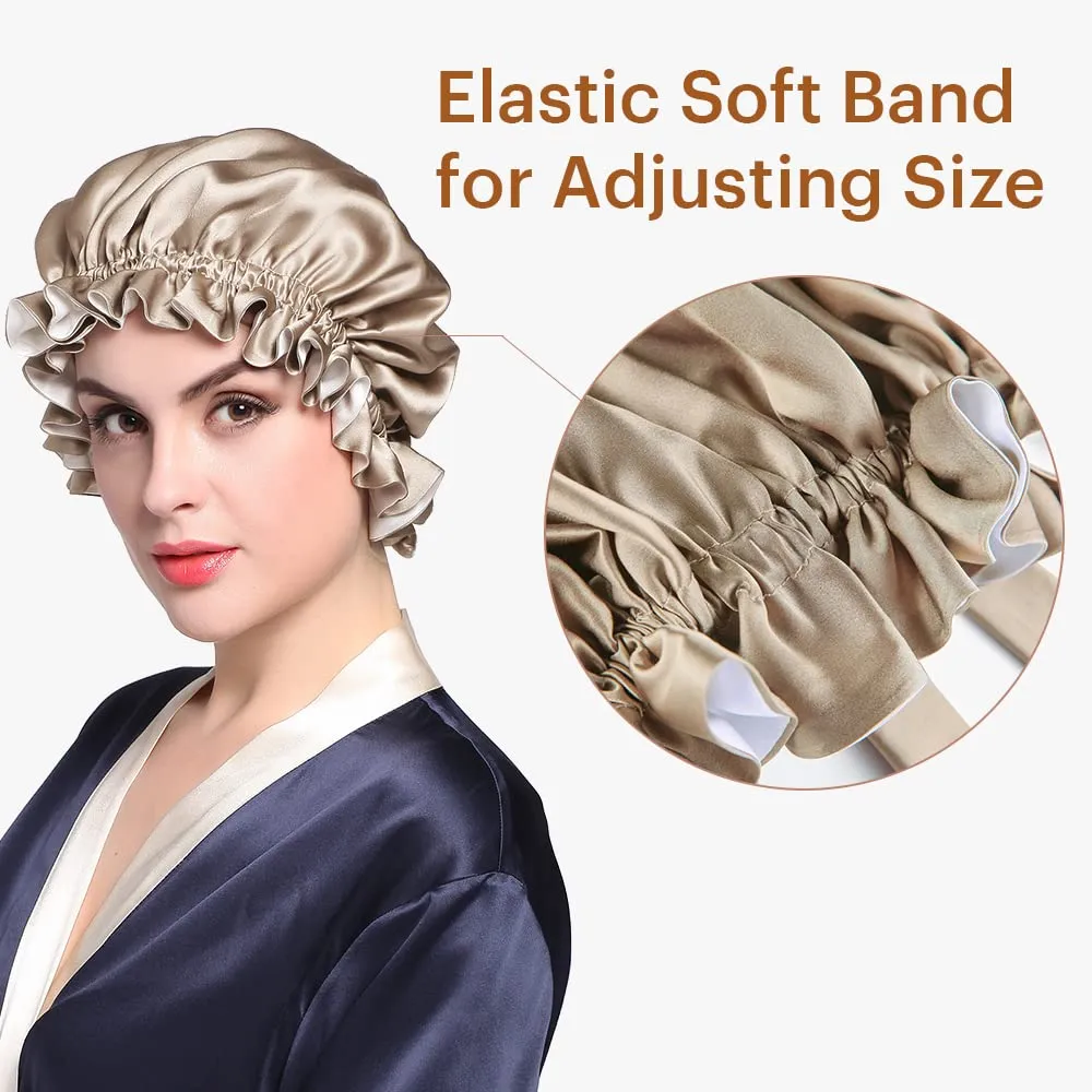 LilySilk Pure Silk Lined Cap for Women Sleep, Double Layered, Adjustable Ribbons, Luxury Natural Silk Bonnet Cap for Sleeping Coffee White