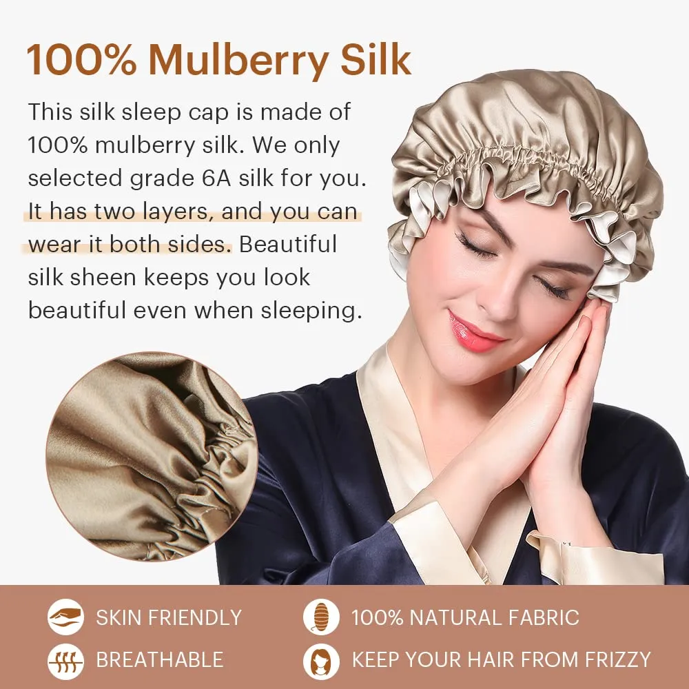 LilySilk Pure Silk Lined Cap for Women Sleep, Double Layered, Adjustable Ribbons, Luxury Natural Silk Bonnet Cap for Sleeping Coffee White