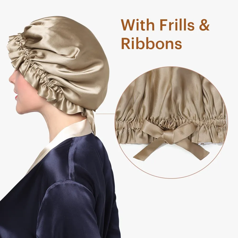 LilySilk Pure Silk Lined Cap for Women Sleep, Double Layered, Adjustable Ribbons, Luxury Natural Silk Bonnet Cap for Sleeping Coffee White