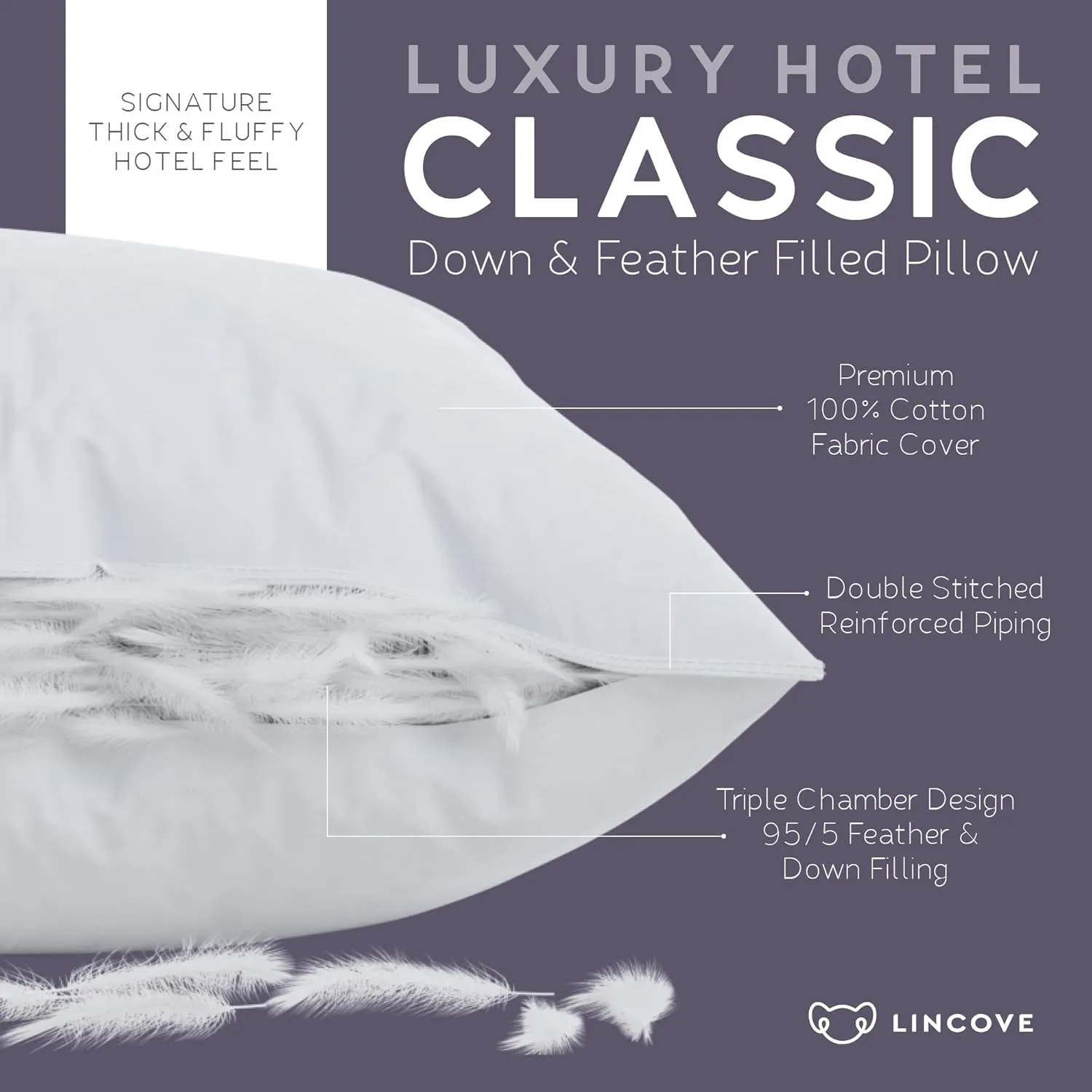 Lincove Down and Feather Luxury Hotel Collection Bed Pillows for Sleeping Made in The USA - 100% Cotton Shell, 600 Thread Count - Soft Hypoallergenic (King Size, Pack of 1)