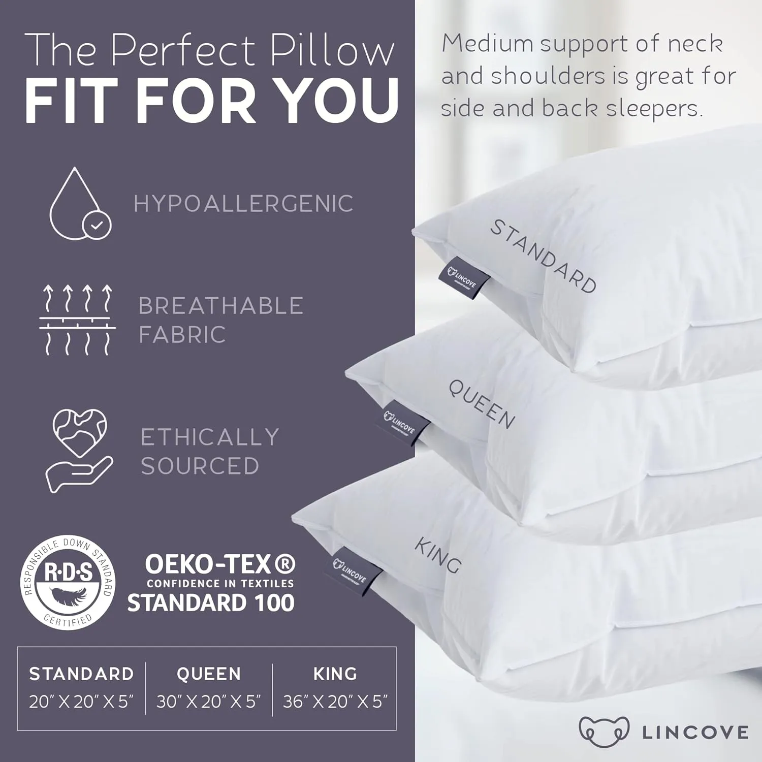 Lincove Down and Feather Luxury Hotel Collection Bed Pillows for Sleeping Made in The USA - 100% Cotton Shell, 600 Thread Count - Soft Hypoallergenic (King Size, Pack of 1)