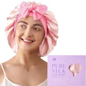 LitBear 100% Mulberry Silk Bonnet for Sleeping Women, 6A 22 Momme, Large Double-Layer Silk Hair Wrap with Tie Band, Non-Slip Turban（Pink and Soft Pink