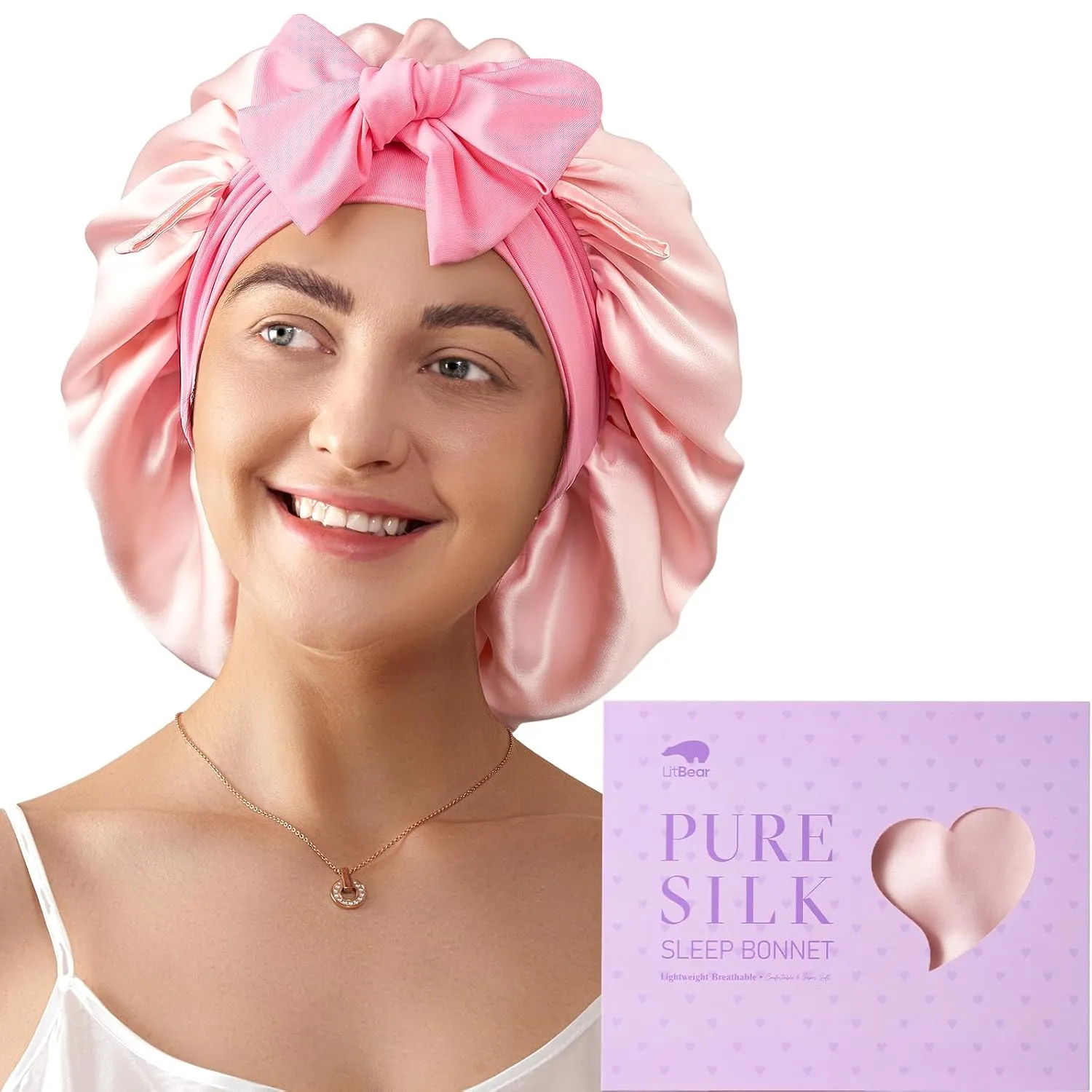 LitBear 100% Mulberry Silk Bonnet for Sleeping Women, 6A 22 Momme, Large Double-Layer Silk Hair Wrap with Tie Band, Non-Slip Turban（Pink and Soft Pink