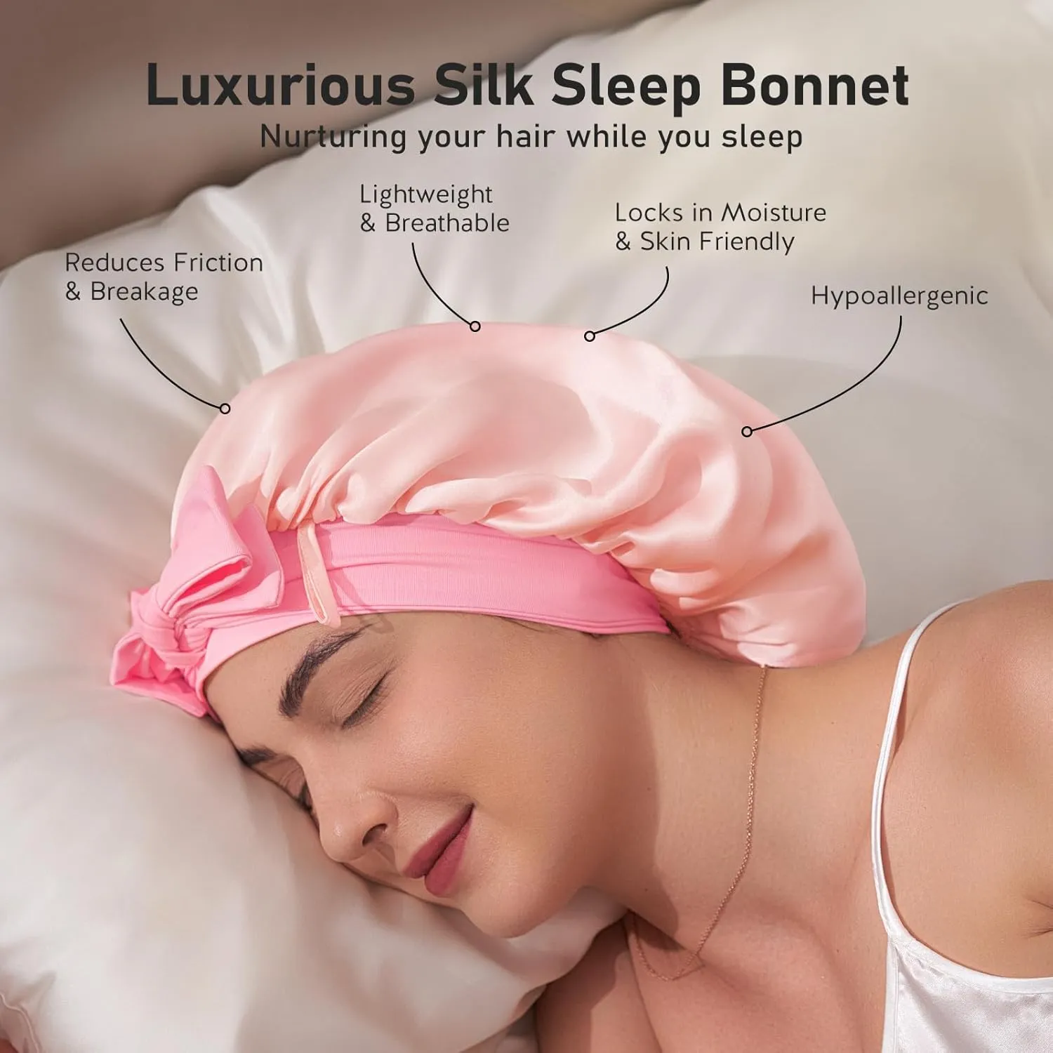 LitBear 100% Mulberry Silk Bonnet for Sleeping Women, 6A 22 Momme, Large Double-Layer Silk Hair Wrap with Tie Band, Non-Slip Turban（Pink and Soft Pink