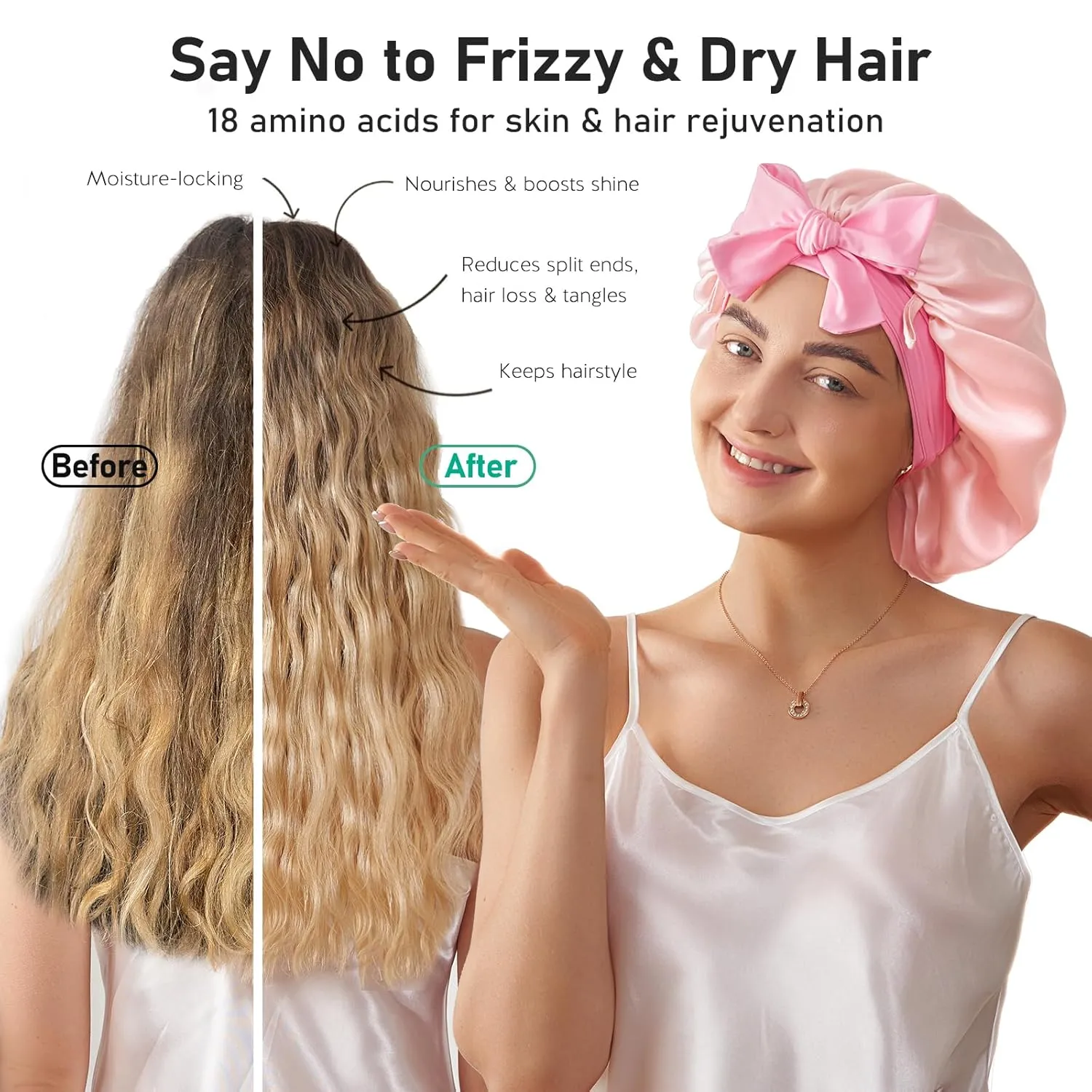 LitBear 100% Mulberry Silk Bonnet for Sleeping Women, 6A 22 Momme, Large Double-Layer Silk Hair Wrap with Tie Band, Non-Slip Turban（Pink and Soft Pink