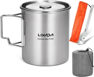 Lixada Camping Cup Pot 750ml Stainless Steel Water Cup Mug with Titanium Long Spoon Foldable Handles and Lid for Outdoor Camping Hiking Backpacking