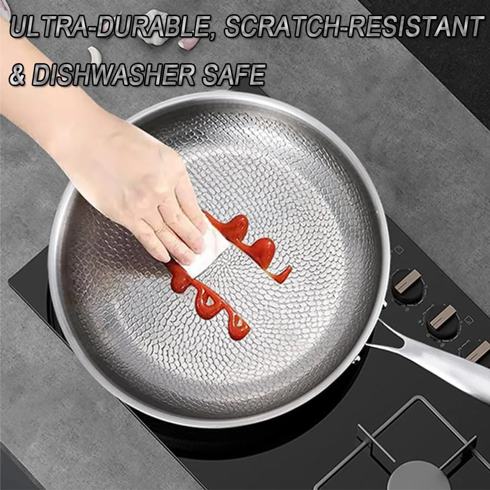 LONGLUAN Siraat Pure Titanium Pan Hammered Pattern, Siraats Titanium Pan, Stainless Steel Hammered Pans Pro, Non Stick Frying, Even Heating, Compatible with All Cooktops, Dishwasher-Safe (28cm)