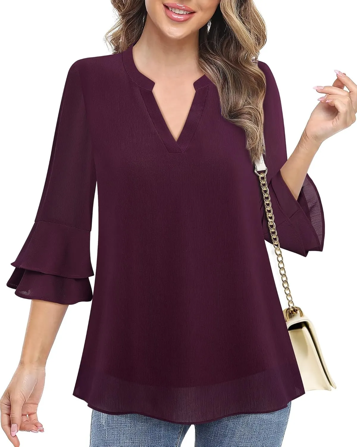 Lotusmile Womens Tops Dressy Casual 3/4 Tiered Bell Sleeve Blouses Double Layered Chiffon Work Tunic Shirts