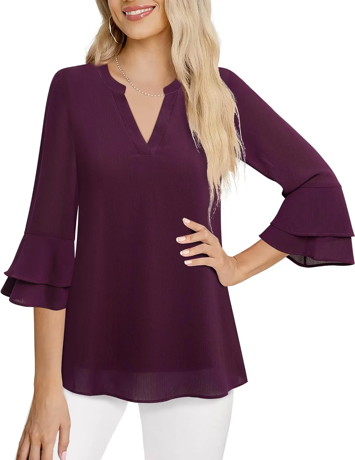 Lotusmile Womens Tops Dressy Casual 3/4 Tiered Bell Sleeve Blouses Double Layered Chiffon Work Tunic Shirts