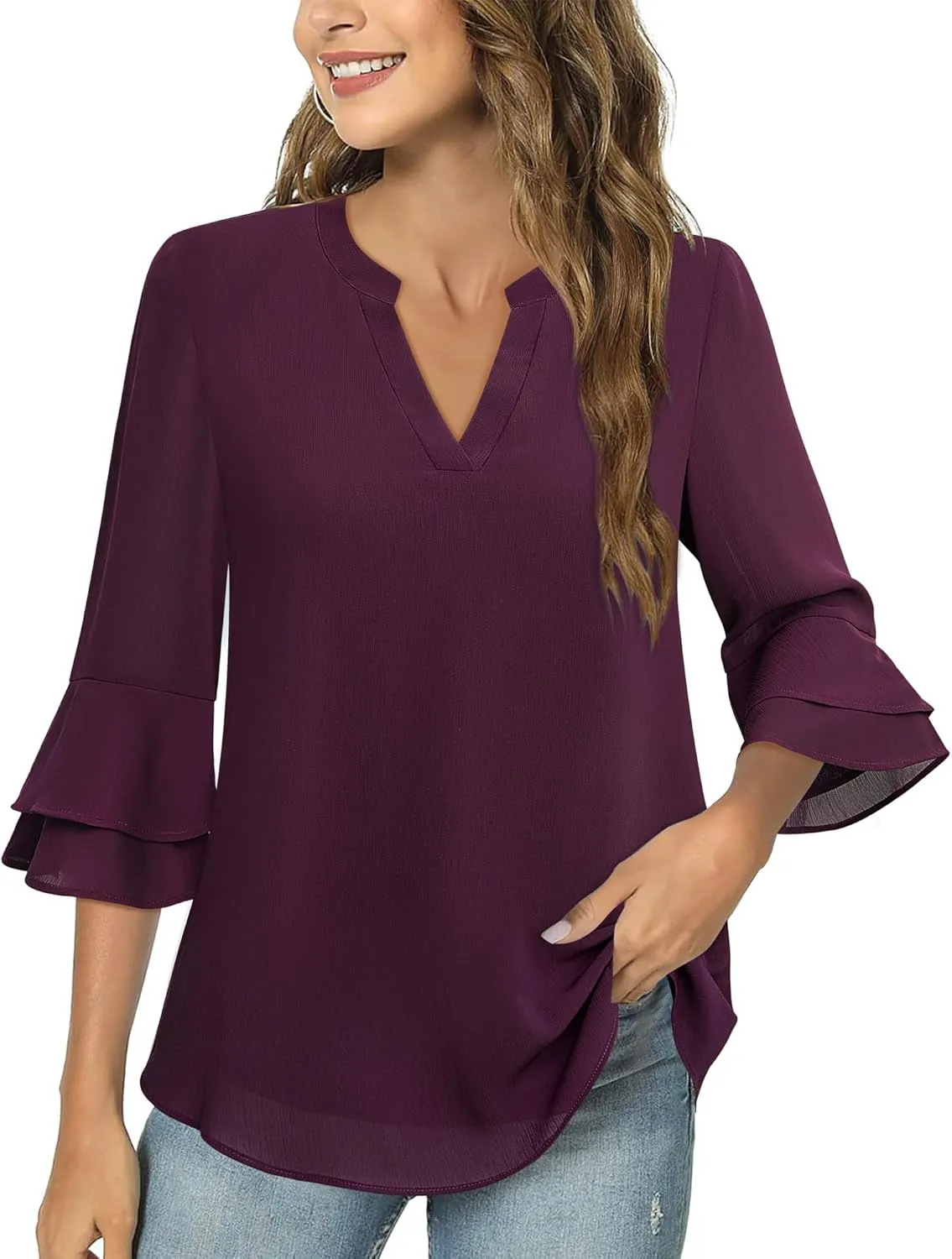 Lotusmile Womens Tops Dressy Casual 3/4 Tiered Bell Sleeve Blouses Double Layered Chiffon Work Tunic Shirts