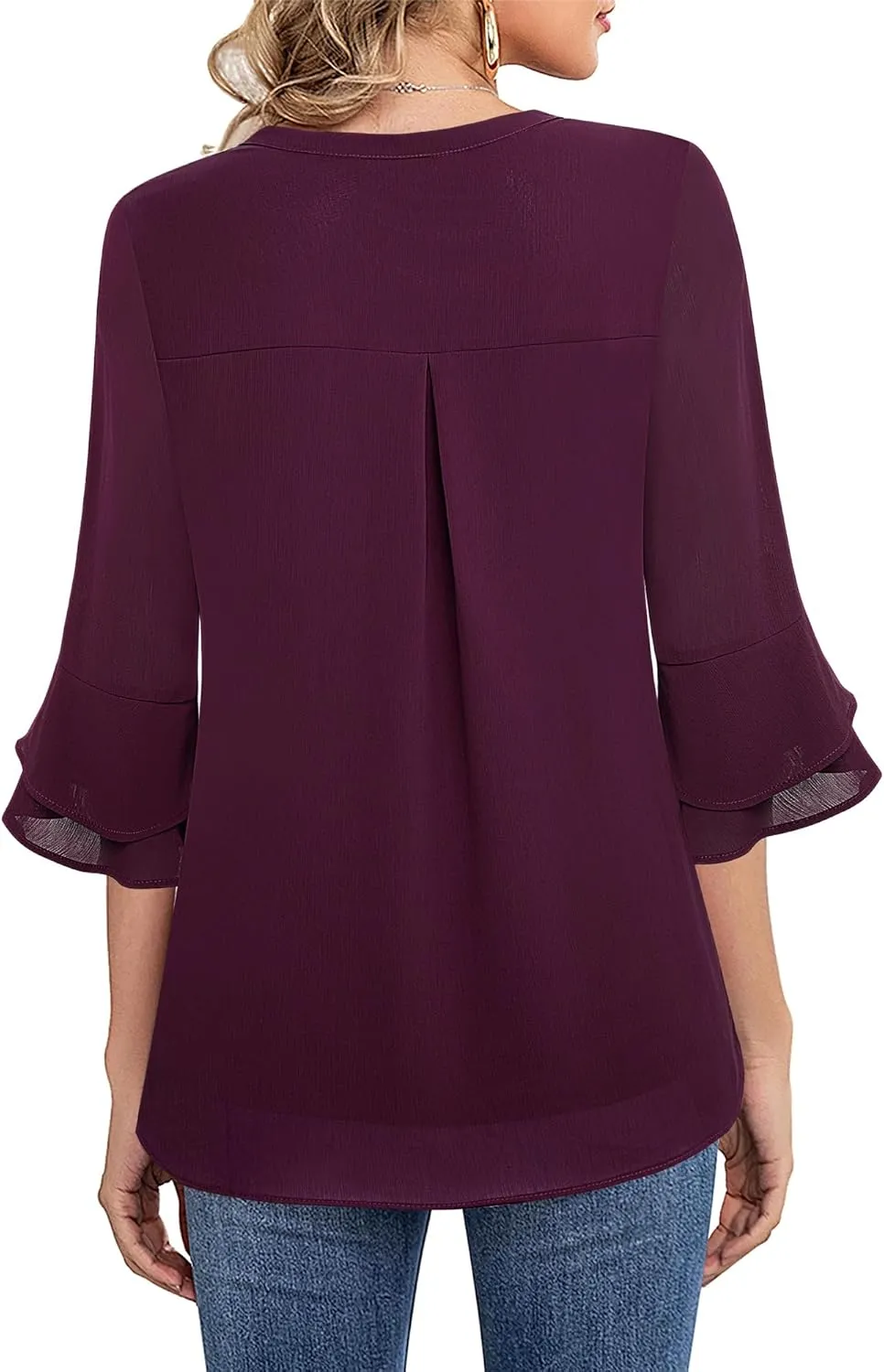 Lotusmile Womens Tops Dressy Casual 3/4 Tiered Bell Sleeve Blouses Double Layered Chiffon Work Tunic Shirts
