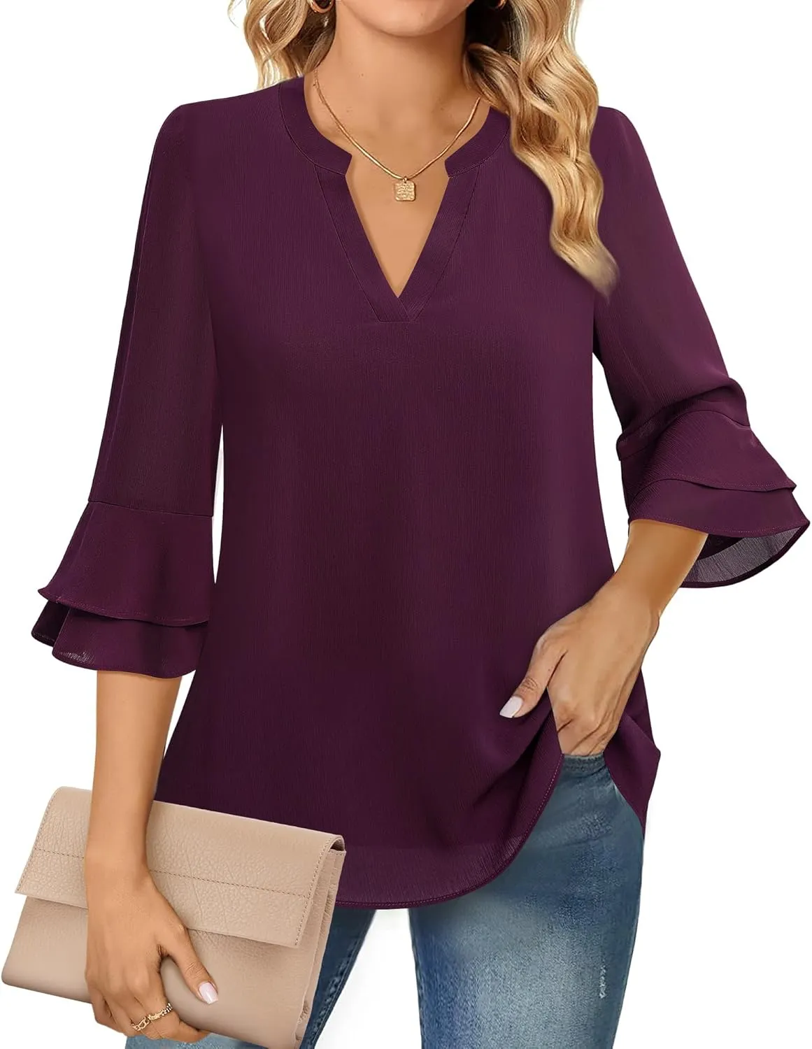 Lotusmile Womens Tops Dressy Casual 3/4 Tiered Bell Sleeve Blouses Double Layered Chiffon Work Tunic Shirts