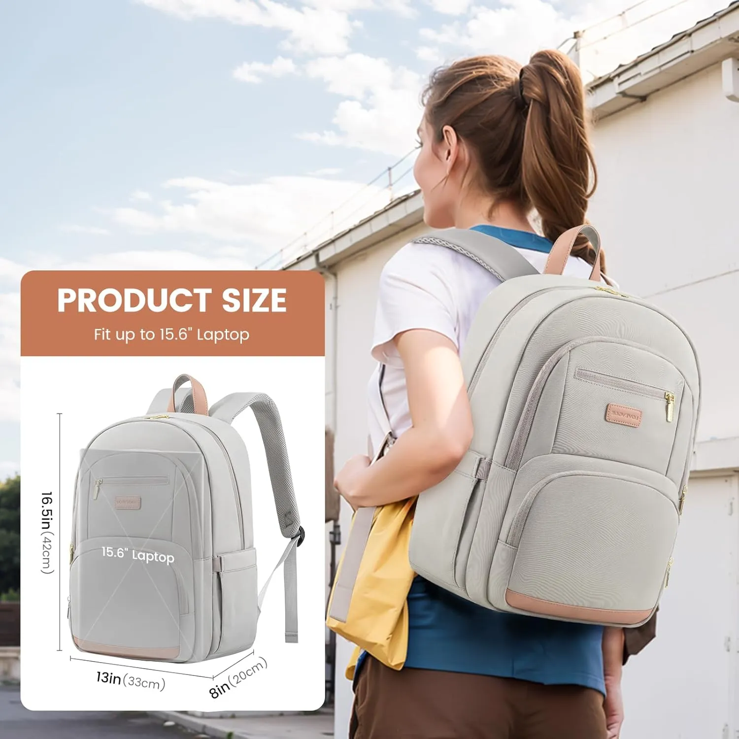 LOVEVOOK Travel Laptop Backpack for Women, Waterproof Work Backpack Fits 15.6 Inch Laptop, Large Computer Backpack for College, Grey
