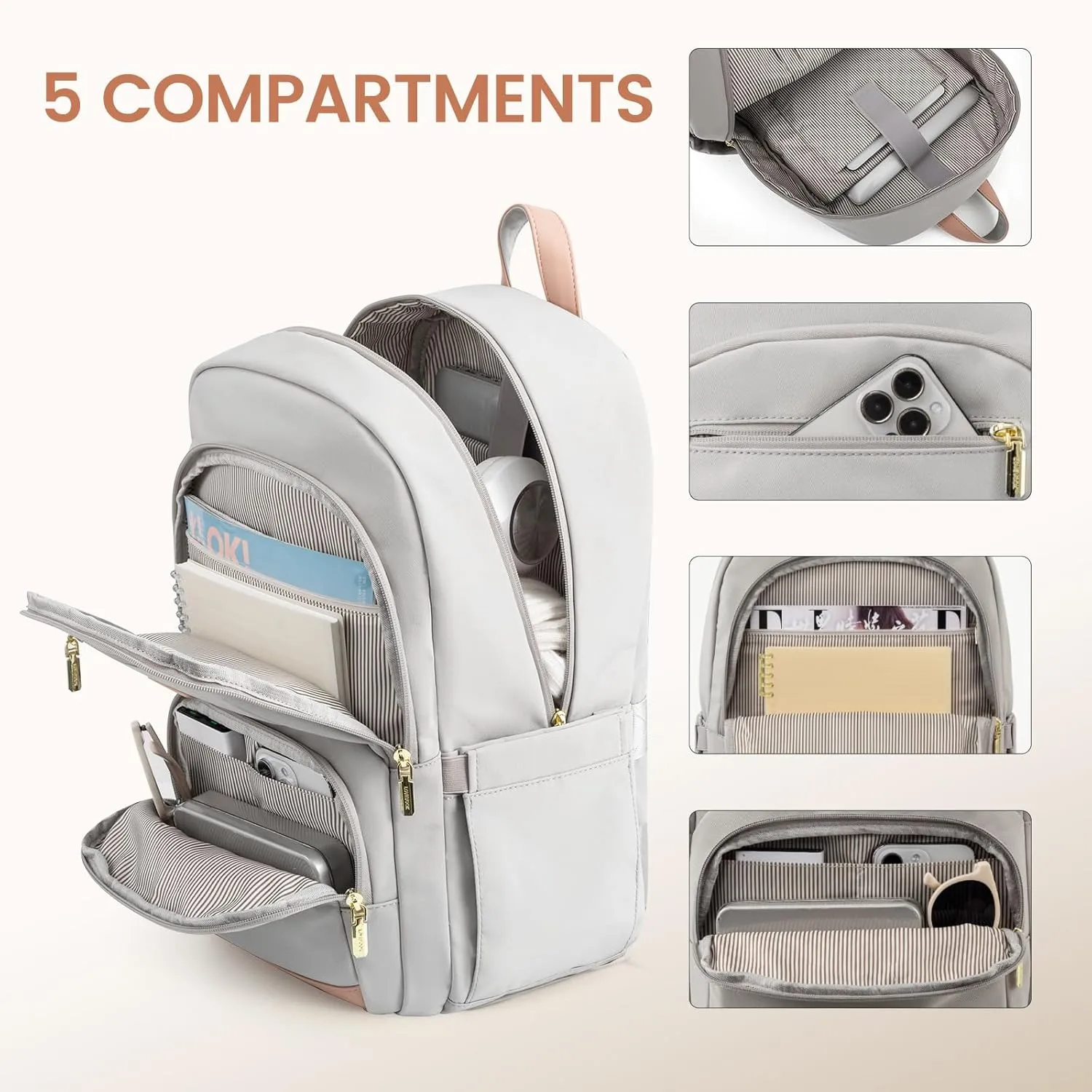LOVEVOOK Travel Laptop Backpack for Women, Waterproof Work Backpack Fits 15.6 Inch Laptop, Large Computer Backpack for College, Grey
