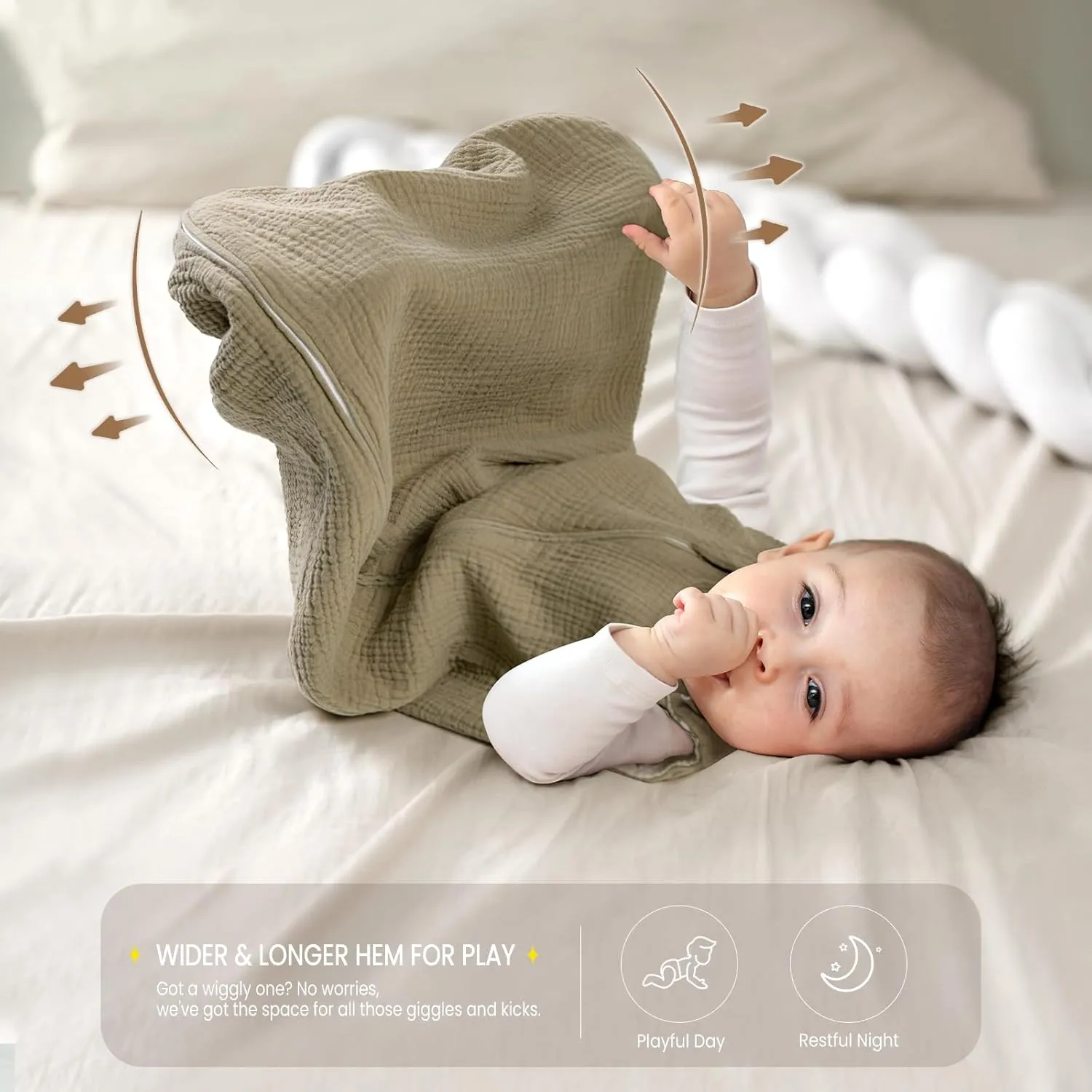 lulumoon Baby Sleep Sack Muslin: 0.5 TOG Wearable Blanket for Toddler- Soft 100% Cotton 2-Way Zipper Baby Sleeping Bag for 9-18 months Girls Boys, Medium, Olive