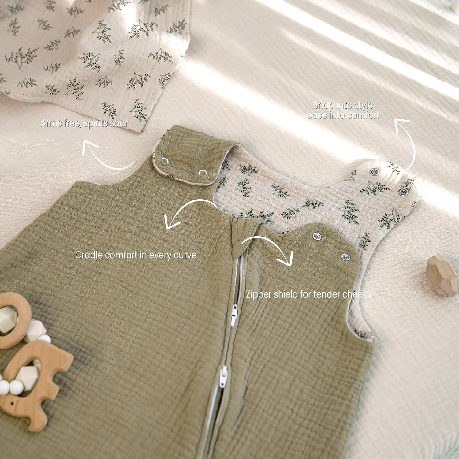 lulumoon Baby Sleep Sack Muslin: 0.5 TOG Wearable Blanket for Toddler- Soft 100% Cotton 2-Way Zipper Baby Sleeping Bag for 9-18 months Girls Boys, Medium, Olive