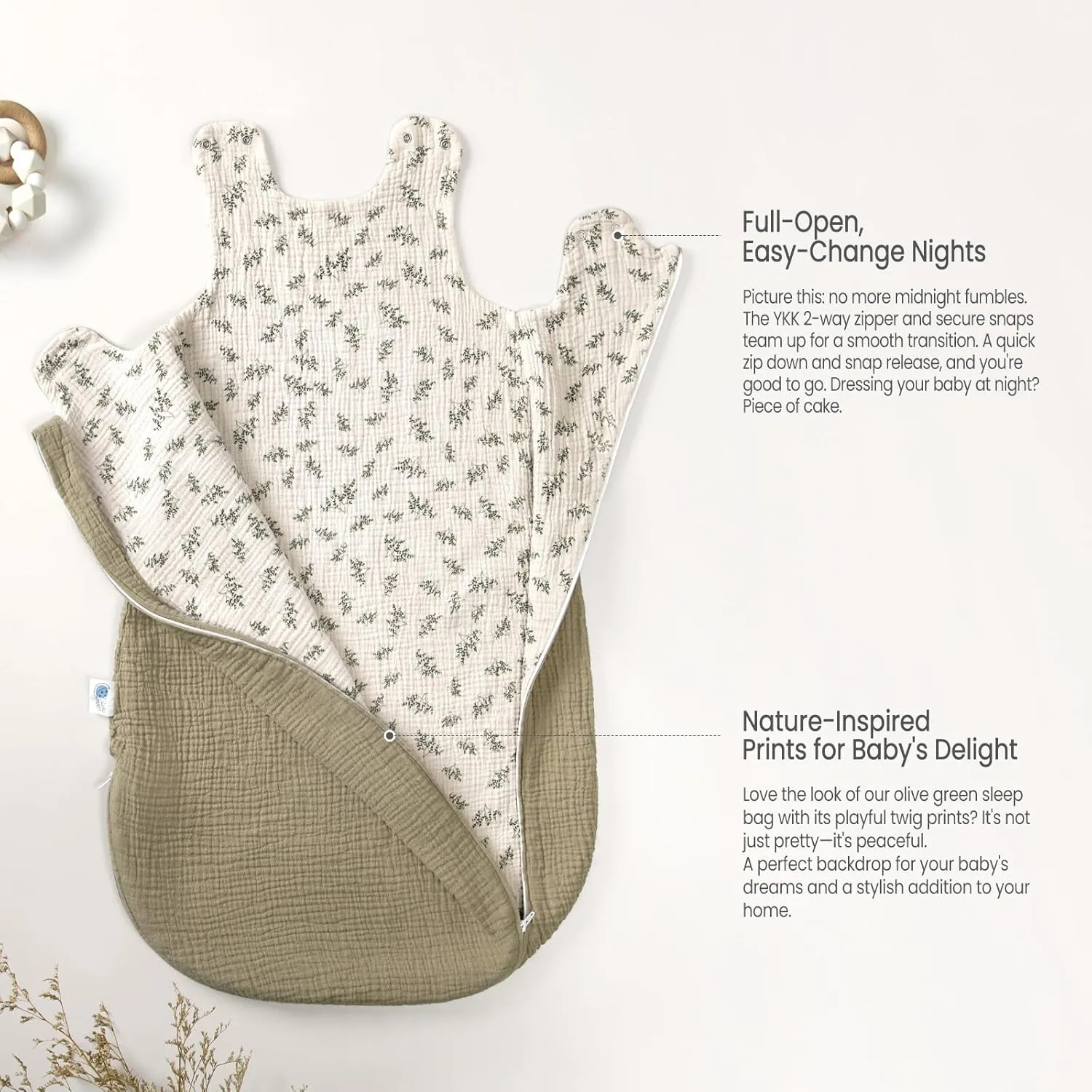 lulumoon Baby Sleep Sack Muslin: 0.5 TOG Wearable Blanket for Toddler- Soft 100% Cotton 2-Way Zipper Baby Sleeping Bag for 9-18 months Girls Boys, Medium, Olive