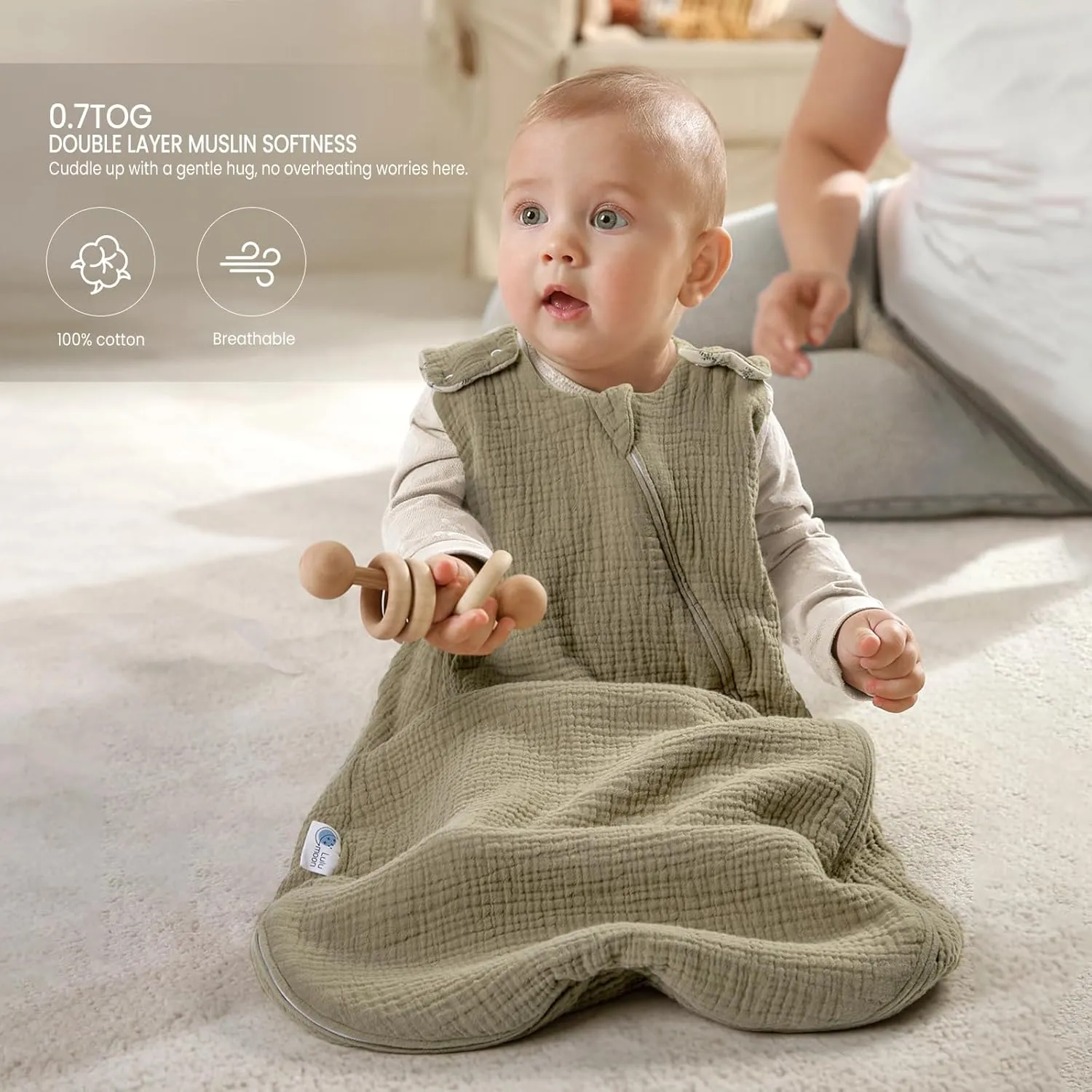 lulumoon Baby Sleep Sack Muslin: 0.5 TOG Wearable Blanket for Toddler- Soft 100% Cotton 2-Way Zipper Baby Sleeping Bag for 9-18 months Girls Boys, Medium, Olive