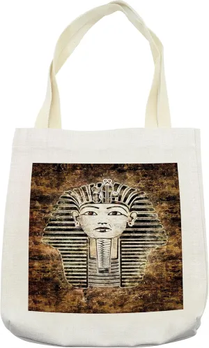 Lunarable Egypt Tote Bag, Prehistoric Pharaoh King Mummy Head Image with Abstract Image, Cloth Linen Reusable Bag for Shopping Books Beach and More, 16.5" X 14", Cream