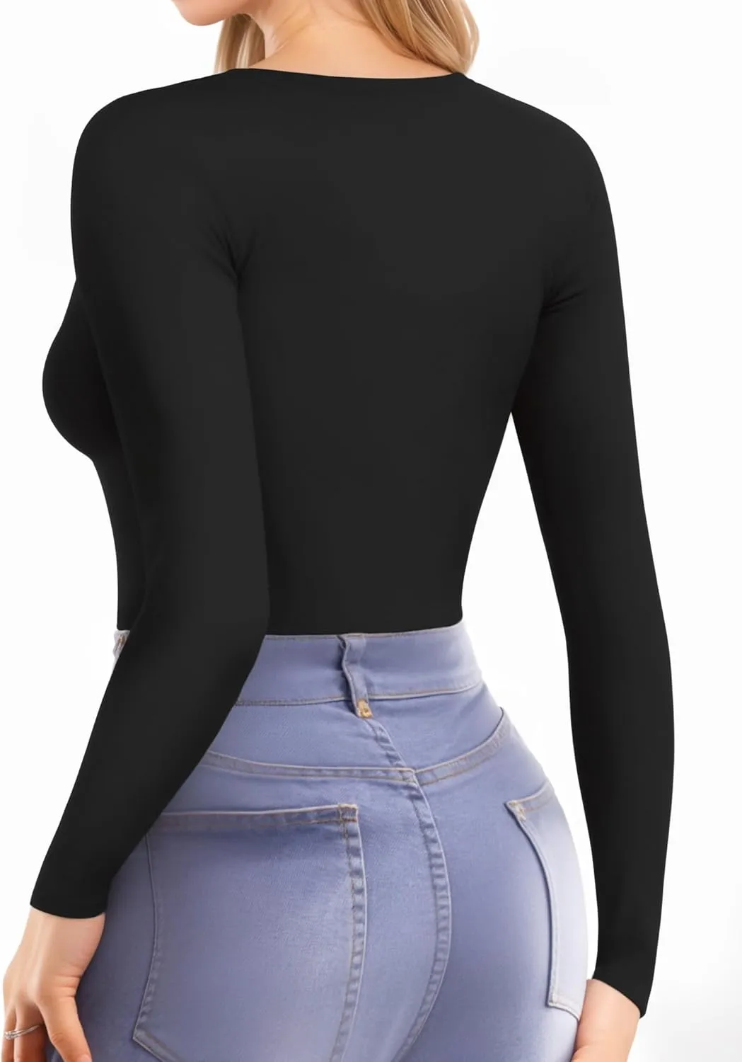 MANGOPOP Womens Tops Long Sleeve Crew Neck t Shirts Double Lined Slim Fitted Lined Tight Basic Tee Shirt