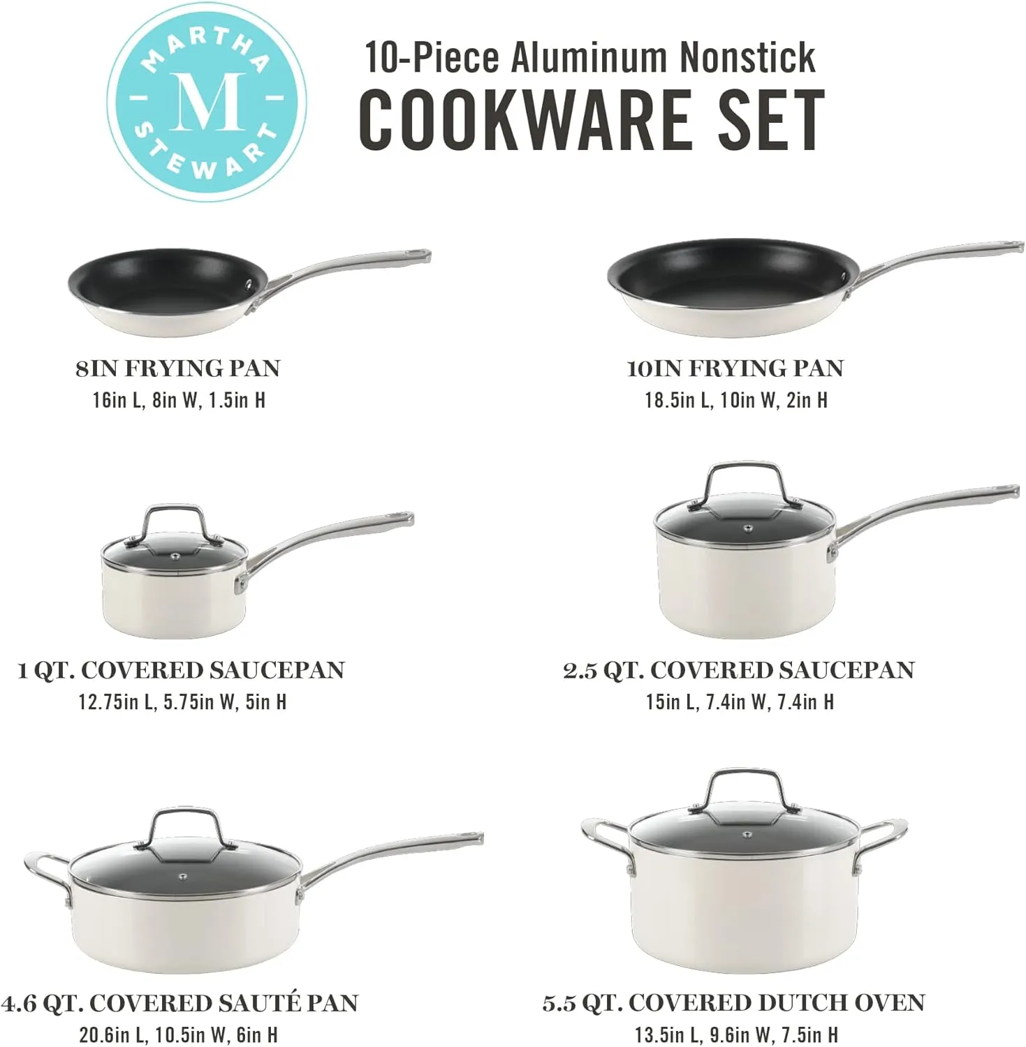 Martha Stewart Lockton Premium Nonstick 10 Piece Enamel Heavy Gauge Aluminum Pots and Pans Cookware Set - Linen White