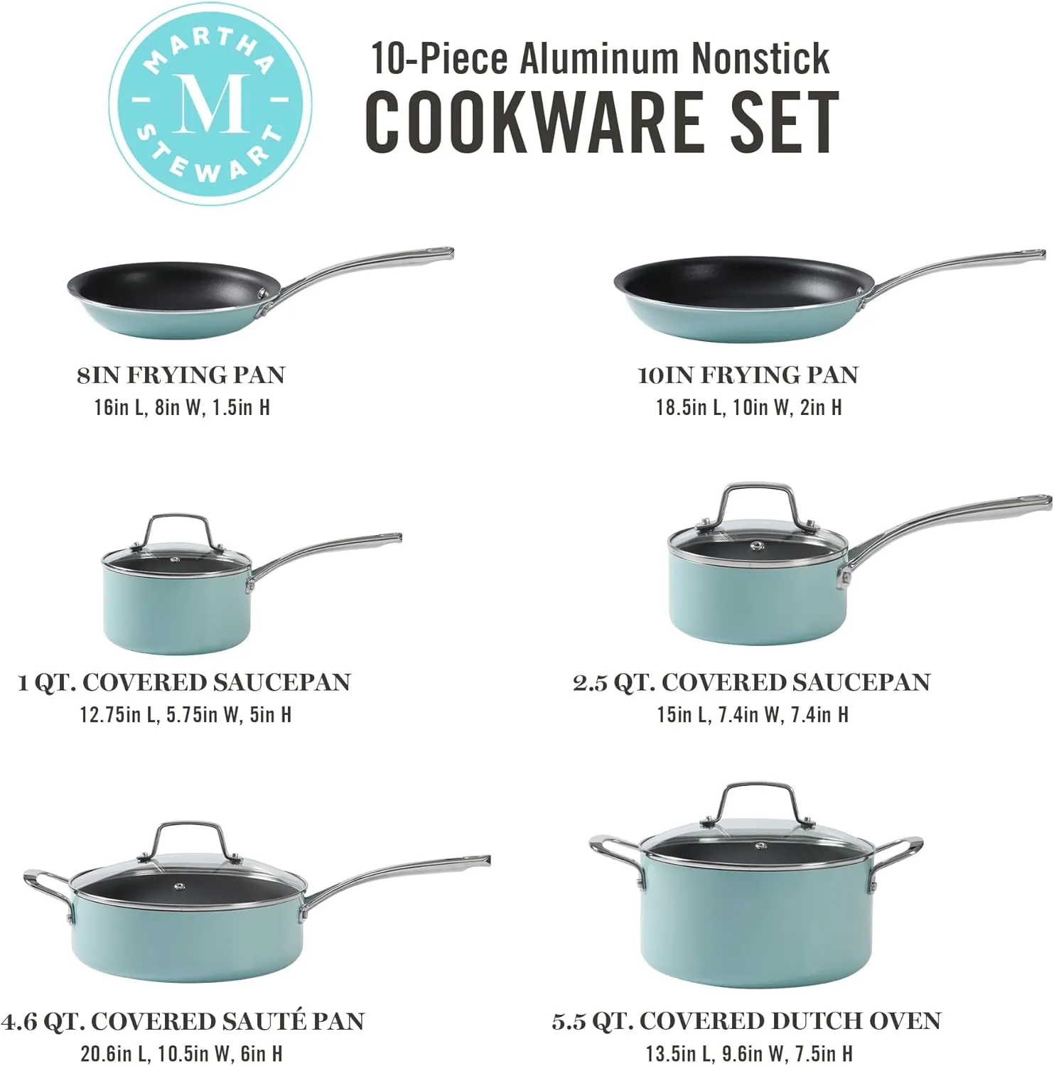Martha Stewart Lockton Premium Nonstick 10 Piece Enamel Heavy Gauge Aluminum Pots and Pans Cookware Set - Martha Blue