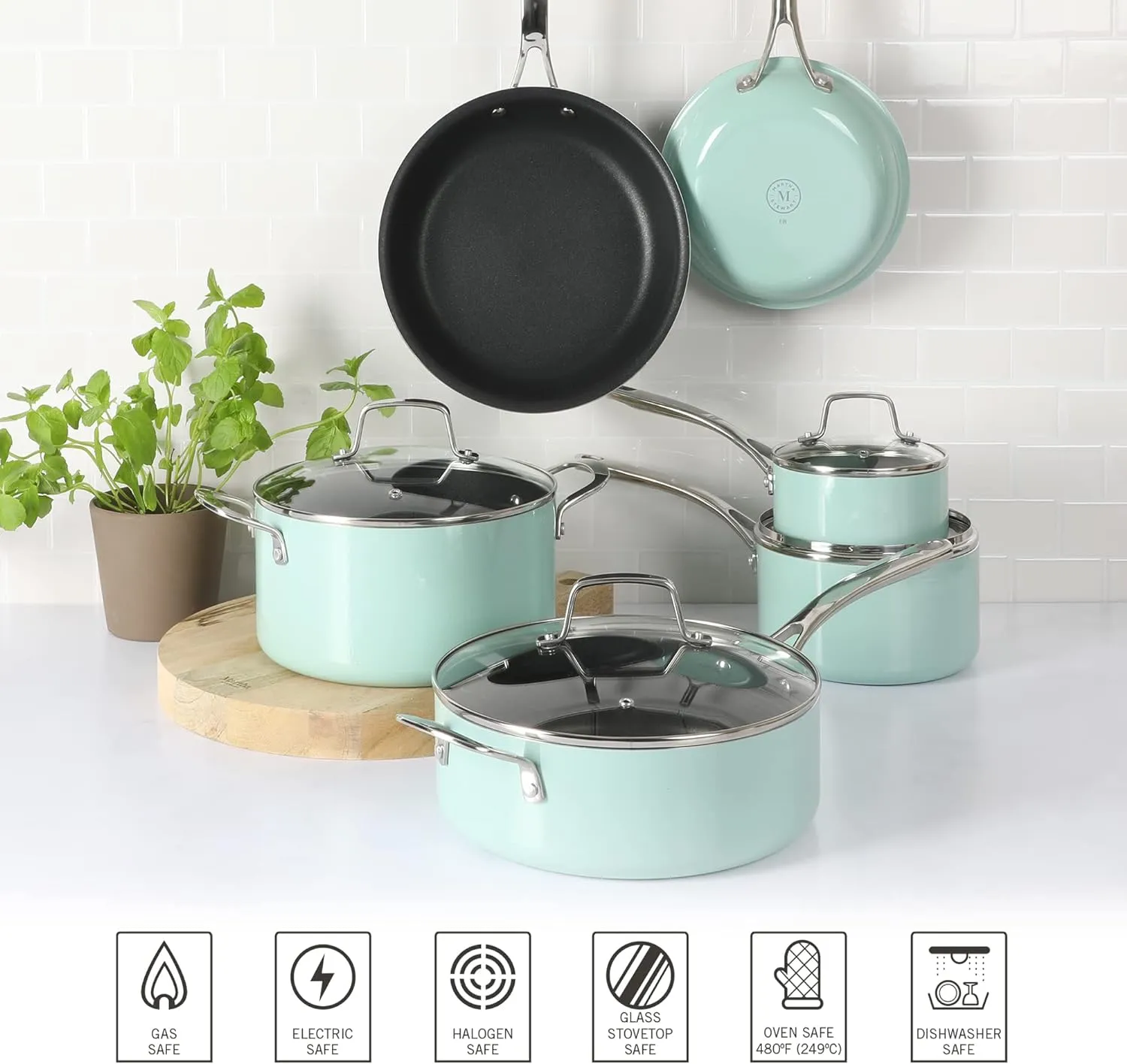Martha Stewart Lockton Premium Nonstick 10 Piece Enamel Heavy Gauge Aluminum Pots and Pans Cookware Set - Martha Blue