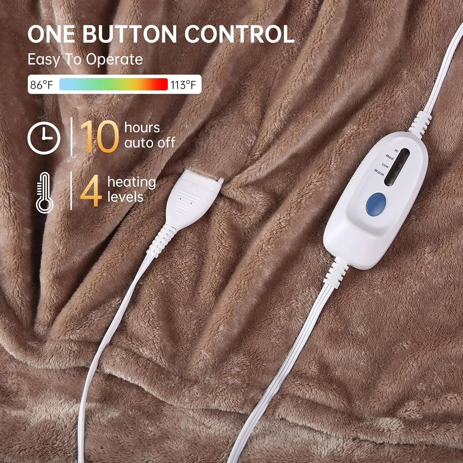 McJaw Electric Blanket Full Size 72x84 inches, Soft Double-Sided Flannel Heated Blanket with 10 Hours Auto Off, 4 Heating Levels, Fast Heating, Machine Washable, Light Brown