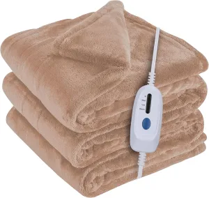 McJaw Electric Blanket Full Size 72x84 inches, Soft Double-Sided Flannel Heated Blanket with 10 Hours Auto Off, 4 Heating Levels, Fast Heating, Machine Washable, Light Brown