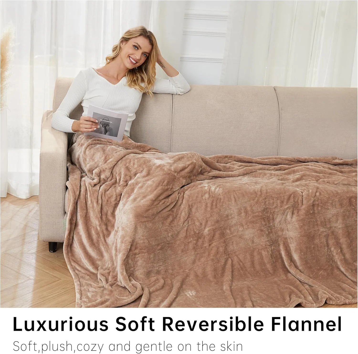 McJaw Electric Blanket Full Size 72x84 inches, Soft Double-Sided Flannel Heated Blanket with 10 Hours Auto Off, 4 Heating Levels, Fast Heating, Machine Washable, Light Brown
