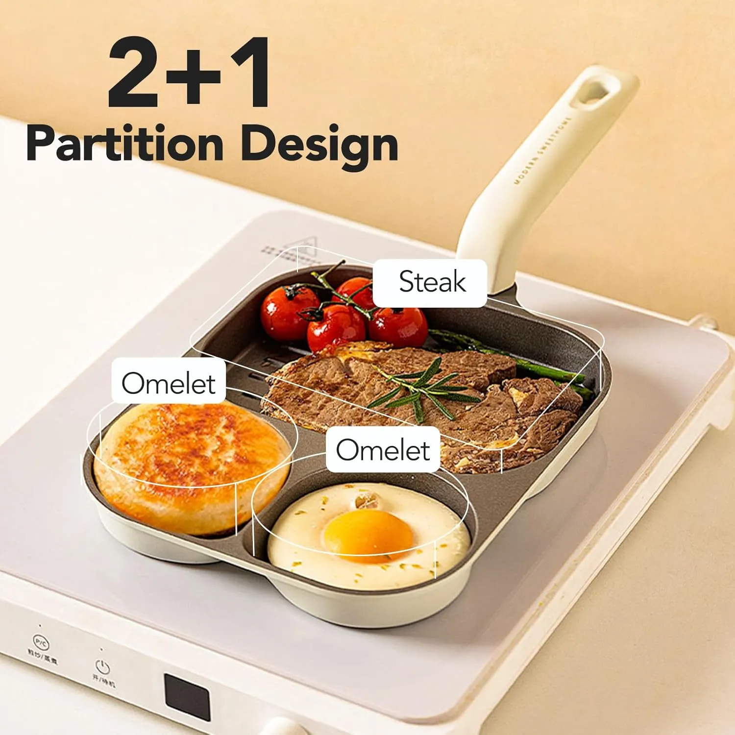 MDZF SWEET HOME Egg Pan, Versatile 3 in 1 Non-Stick Omelet Pan, Breakfast Frying Pan for Eggs, Steak and Pancakes with Titanium Interior & Ceramic Exterior