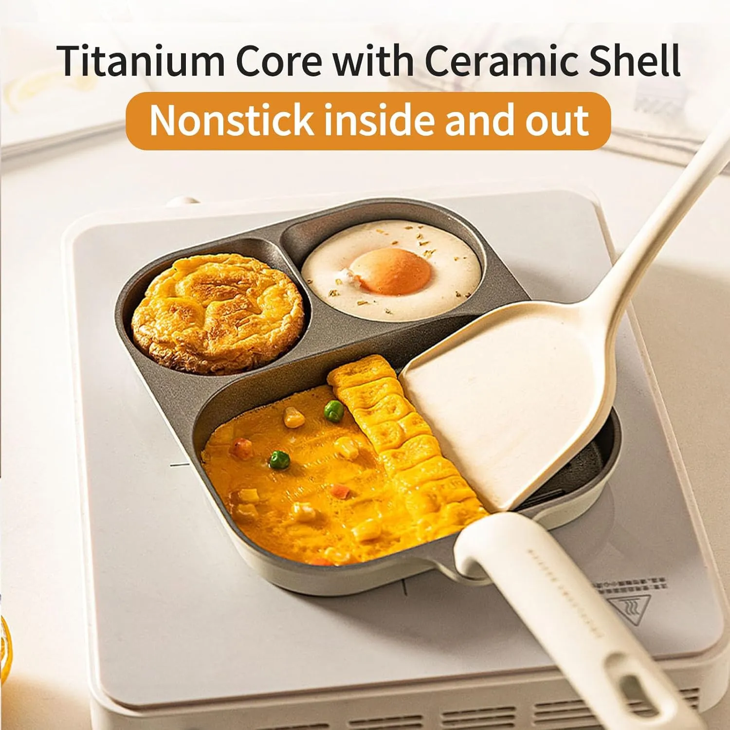 MDZF SWEET HOME Egg Pan, Versatile 3 in 1 Non-Stick Omelet Pan, Breakfast Frying Pan for Eggs, Steak and Pancakes with Titanium Interior & Ceramic Exterior