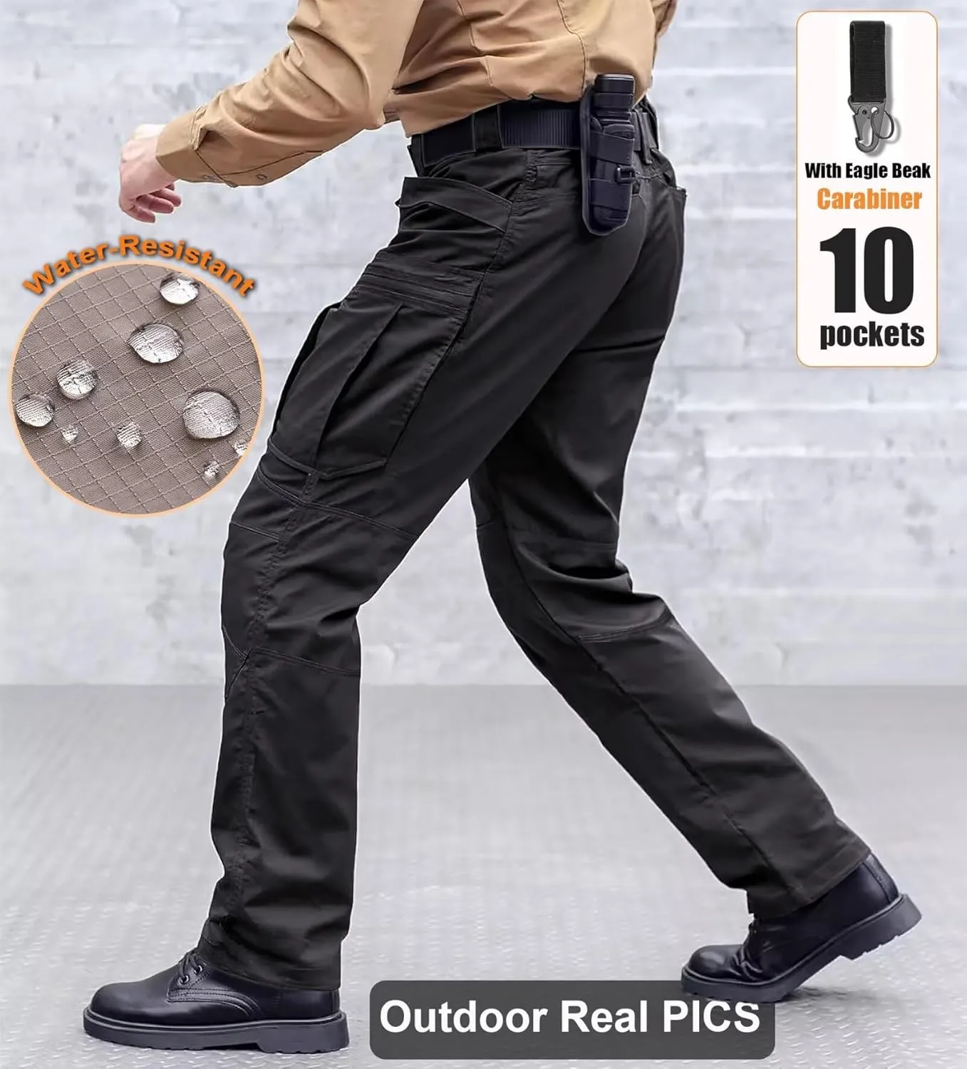 Men's Cargo Work Hiking Tactical Pants,10-Pocket,with Carabiner,Water Resistant,Lightweight Ripstop Outdoor Pants