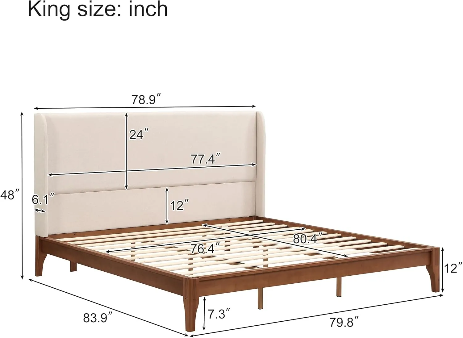 Merax King Size Bamboo Platform Bed, Mid-Century Bed Frame with Tall Upholstered Headboard, Wood Slat Support, No Box Spring Needed, Easy Tool-Free Assembly, Beige Brown