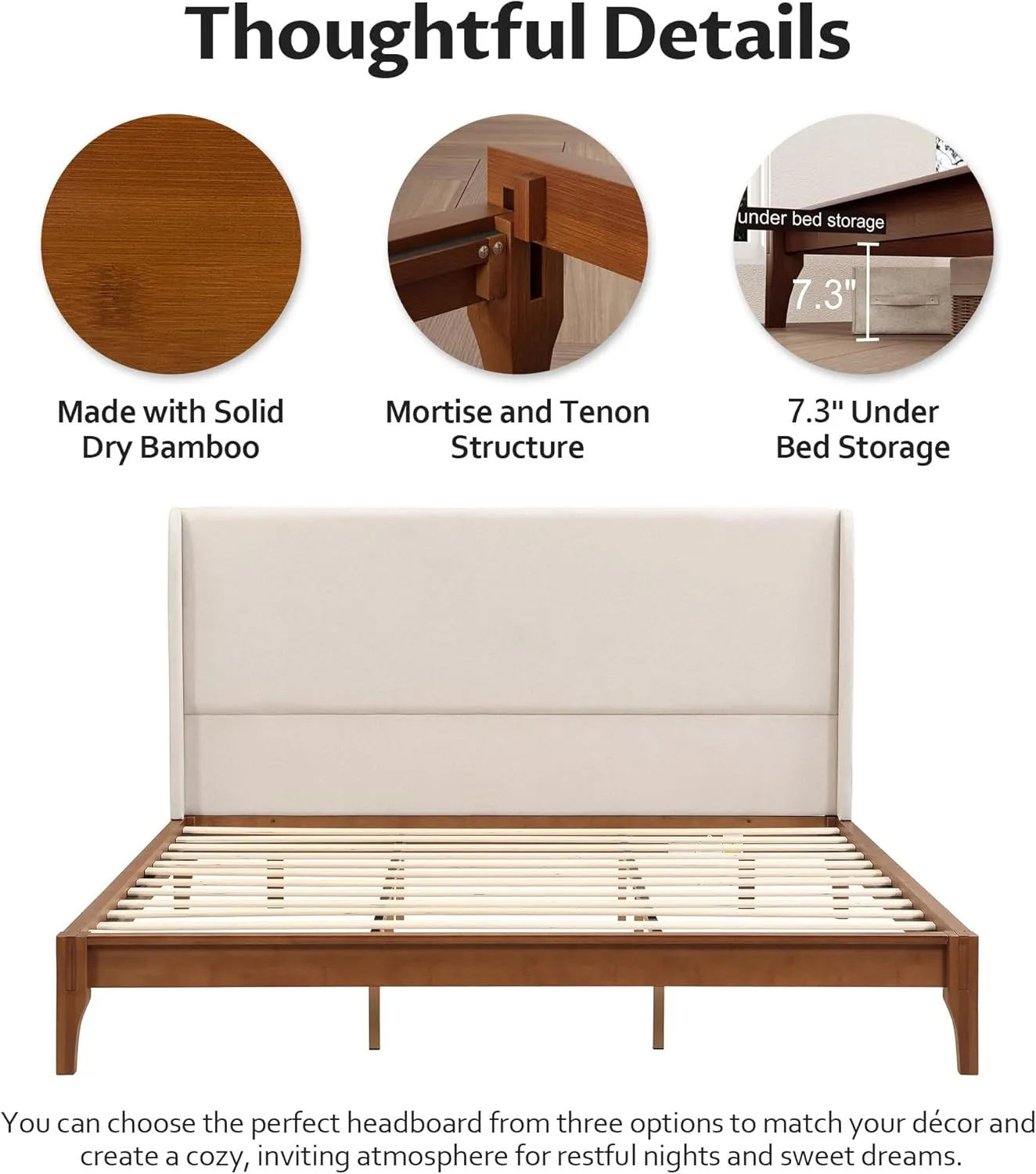 Merax King Size Bamboo Platform Bed, Mid-Century Bed Frame with Tall Upholstered Headboard, Wood Slat Support, No Box Spring Needed, Easy Tool-Free Assembly, Beige Brown