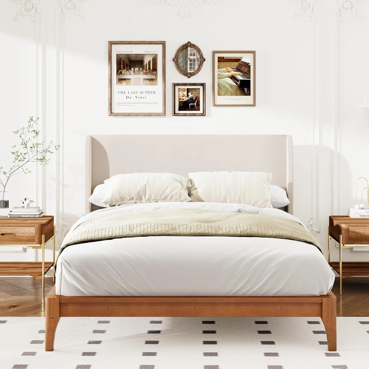 Merax King Size Bamboo Platform Bed, Mid-Century Bed Frame with Tall Upholstered Headboard, Wood Slat Support, No Box Spring Needed, Easy Tool-Free Assembly, Beige Brown