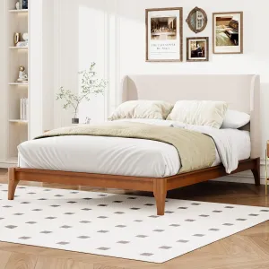 Merax King Size Bamboo Platform Bed, Mid-Century Bed Frame with Tall Upholstered Headboard, Wood Slat Support, No Box Spring Needed, Easy Tool-Free Assembly, Beige Brown