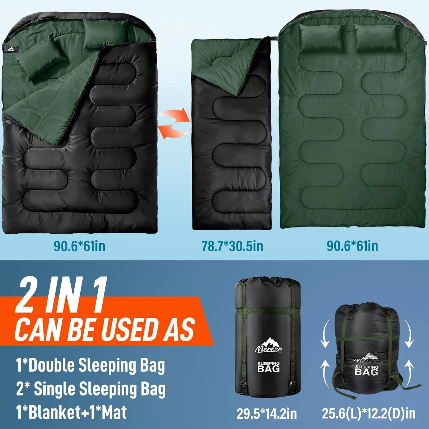 MEREZA Double Sleeping Bag for Adults Mens with Pillow, XL Queen Size Two Person Sleeping Bag for All Season Camping Hiking Backpacking 2 Person Sleeping Bags for Cold Weather & Warm