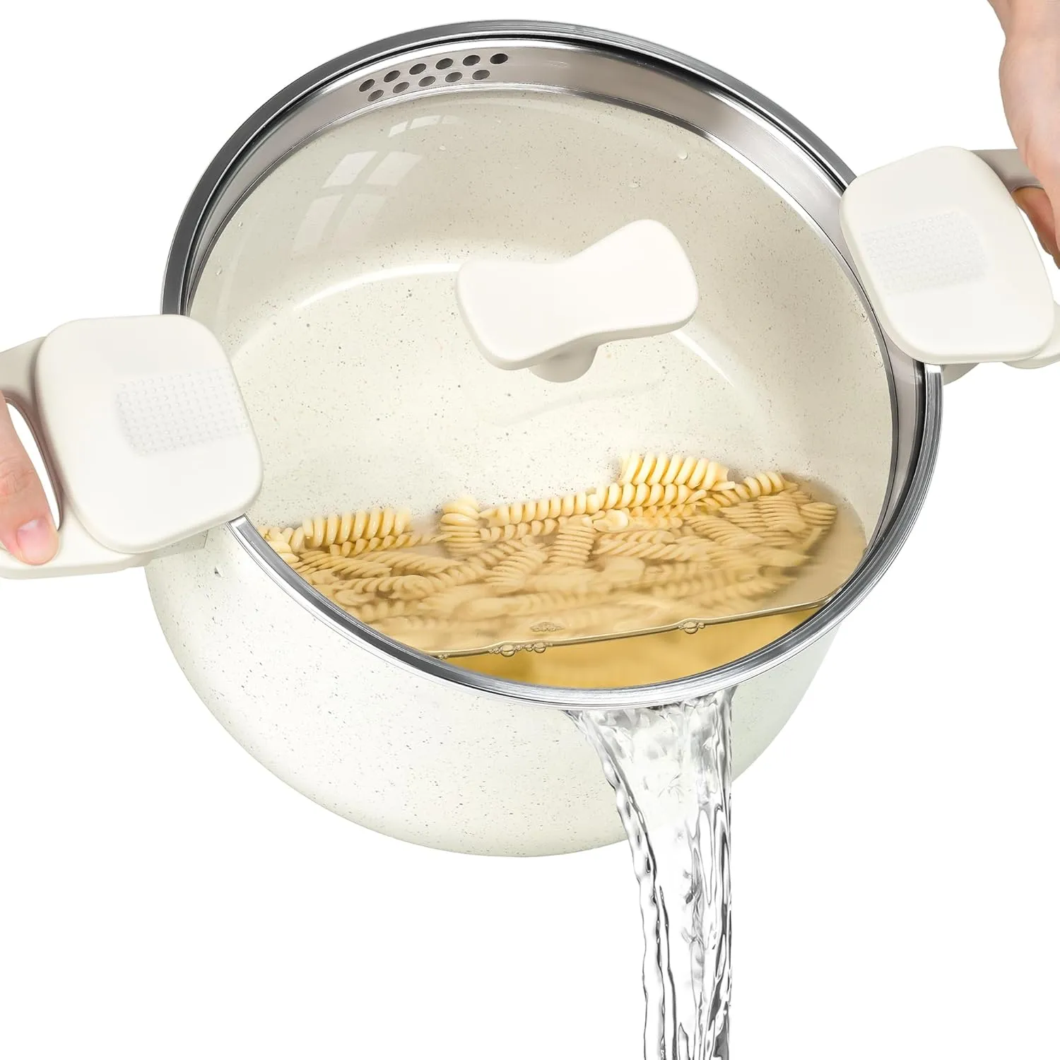 MICHELANGELO Pasta Pot with Strainer Lid - 6 Quart Multipurpose Pot with Twist and Lock Handles, Nonstick Soup Pot with Granite Coating, Induction Compatible, White