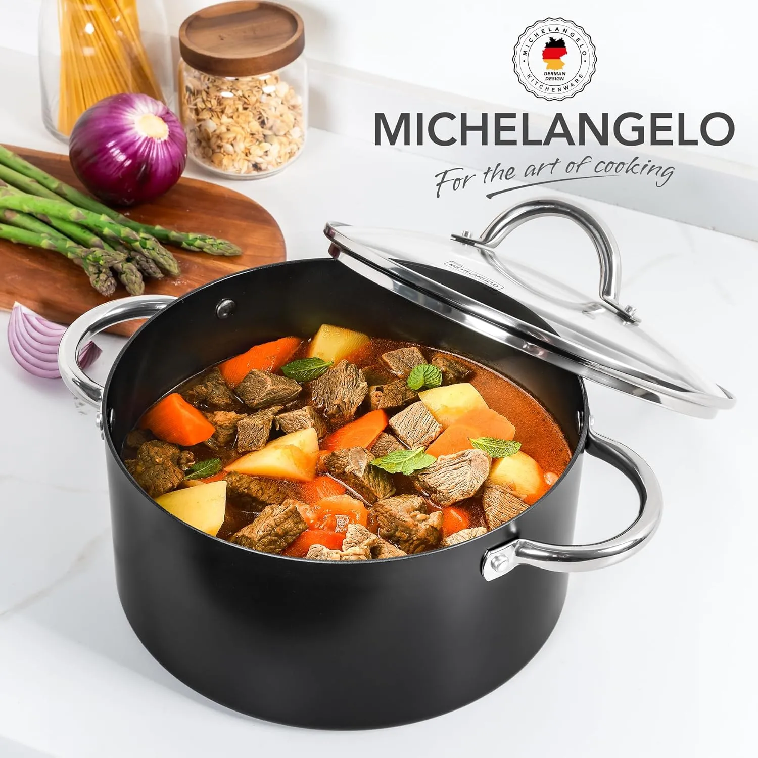 MICHELANGELO Stock Pot with Lid, Nonstick Cooking Pot, 5 Quart Soup Pot with Lid, Non Stick Pots with Stainless Steel Handle, Induction Compatible, Black