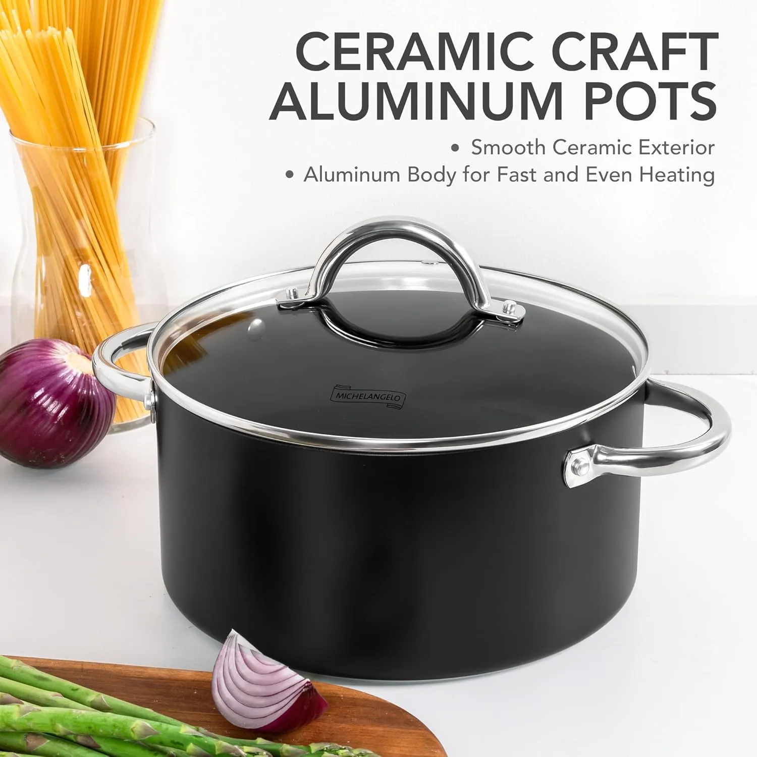 MICHELANGELO Stock Pot with Lid, Nonstick Cooking Pot, 5 Quart Soup Pot with Lid, Non Stick Pots with Stainless Steel Handle, Induction Compatible, Black