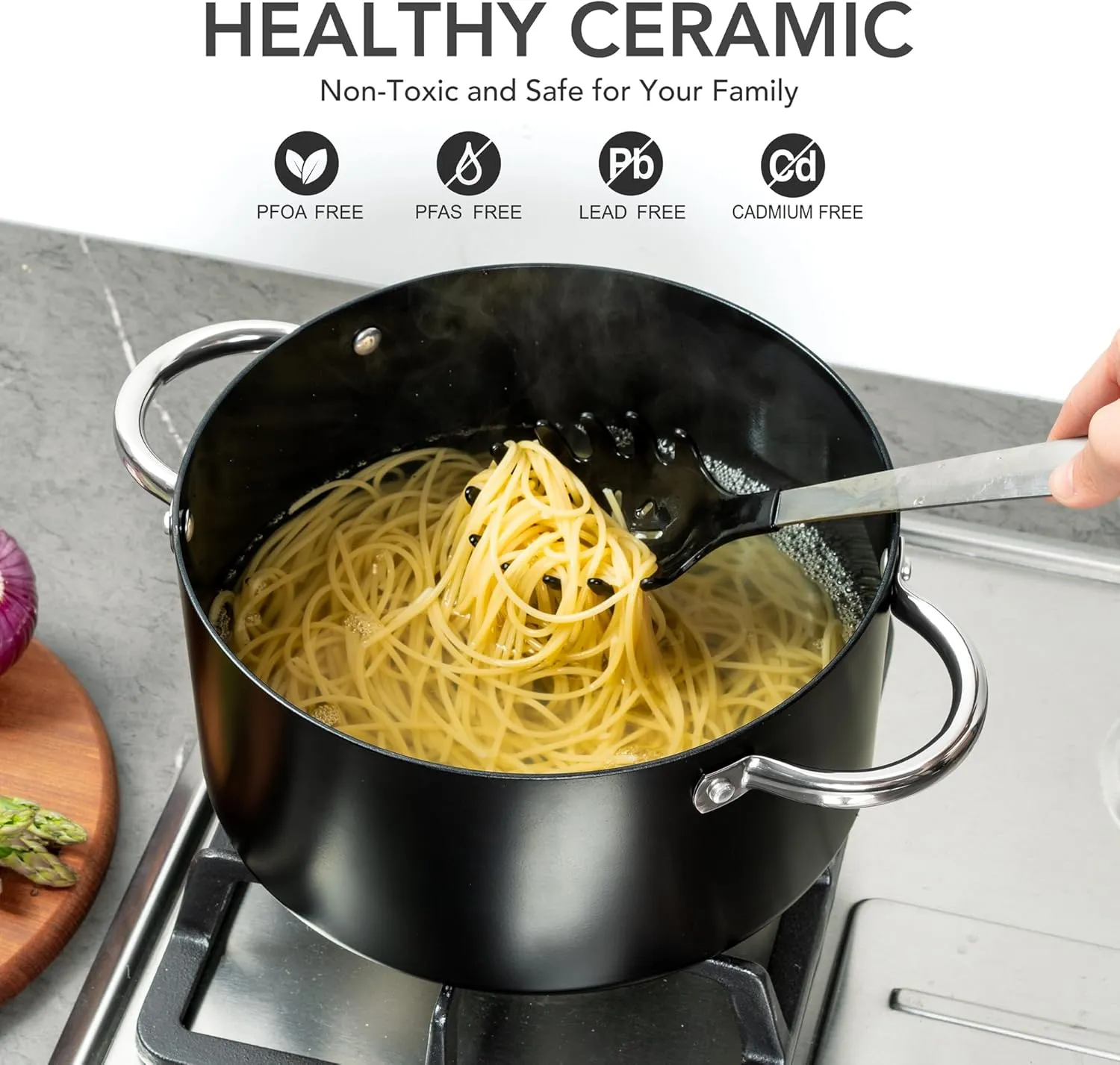 MICHELANGELO Stock Pot with Lid, Nonstick Cooking Pot, 5 Quart Soup Pot with Lid, Non Stick Pots with Stainless Steel Handle, Induction Compatible, Black