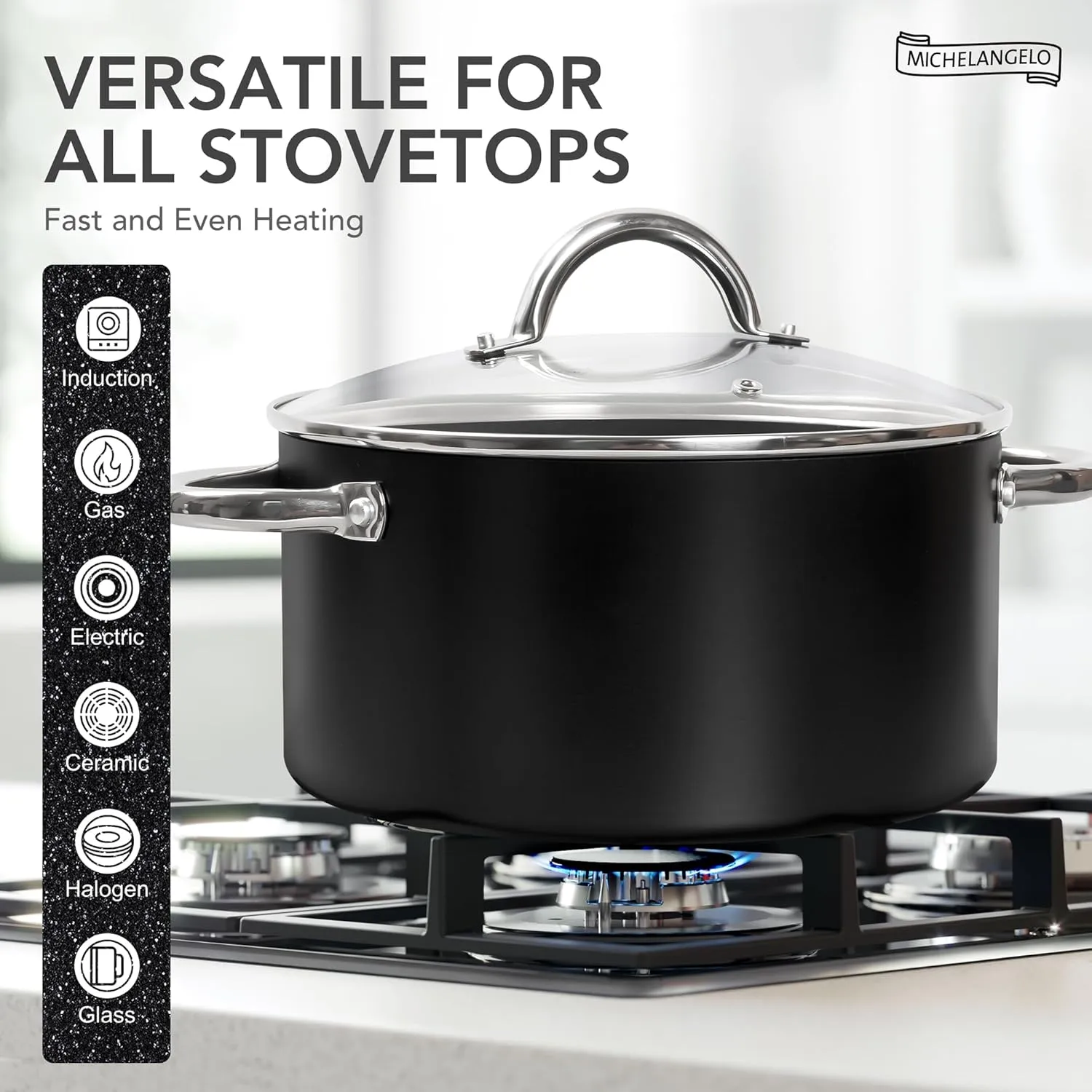 MICHELANGELO Stock Pot with Lid, Nonstick Cooking Pot, 5 Quart Soup Pot with Lid, Non Stick Pots with Stainless Steel Handle, Induction Compatible, Black