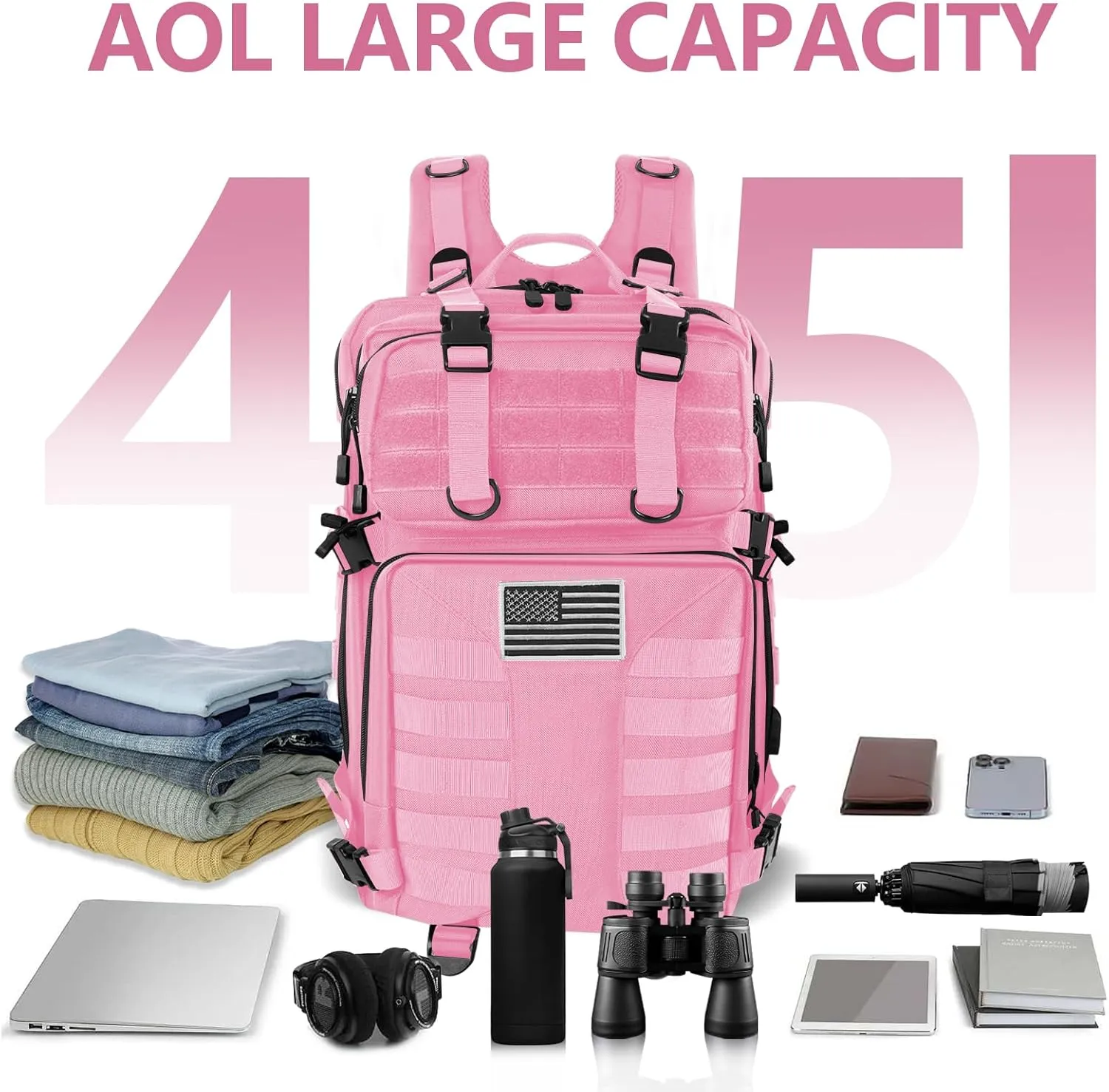 Military Tactical Backpack - 45L Large Assault Tactical Backpacks Molle Hiking Pack 3 Days Bug Out Bag - Waterproof Army Rucksack Tactical Gear for Camping/Traveling/Gym/Fishing-Pink