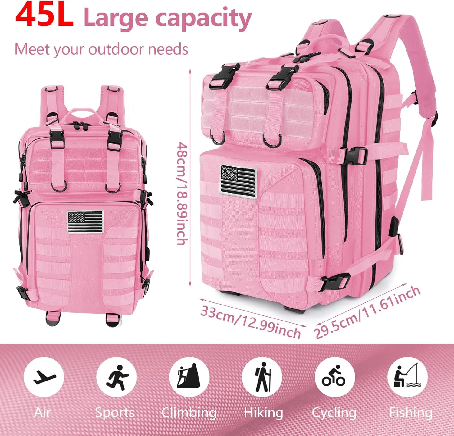 Military Tactical Backpack - 45L Large Assault Tactical Backpacks Molle Hiking Pack 3 Days Bug Out Bag - Waterproof Army Rucksack Tactical Gear for Camping/Traveling/Gym/Fishing-Pink