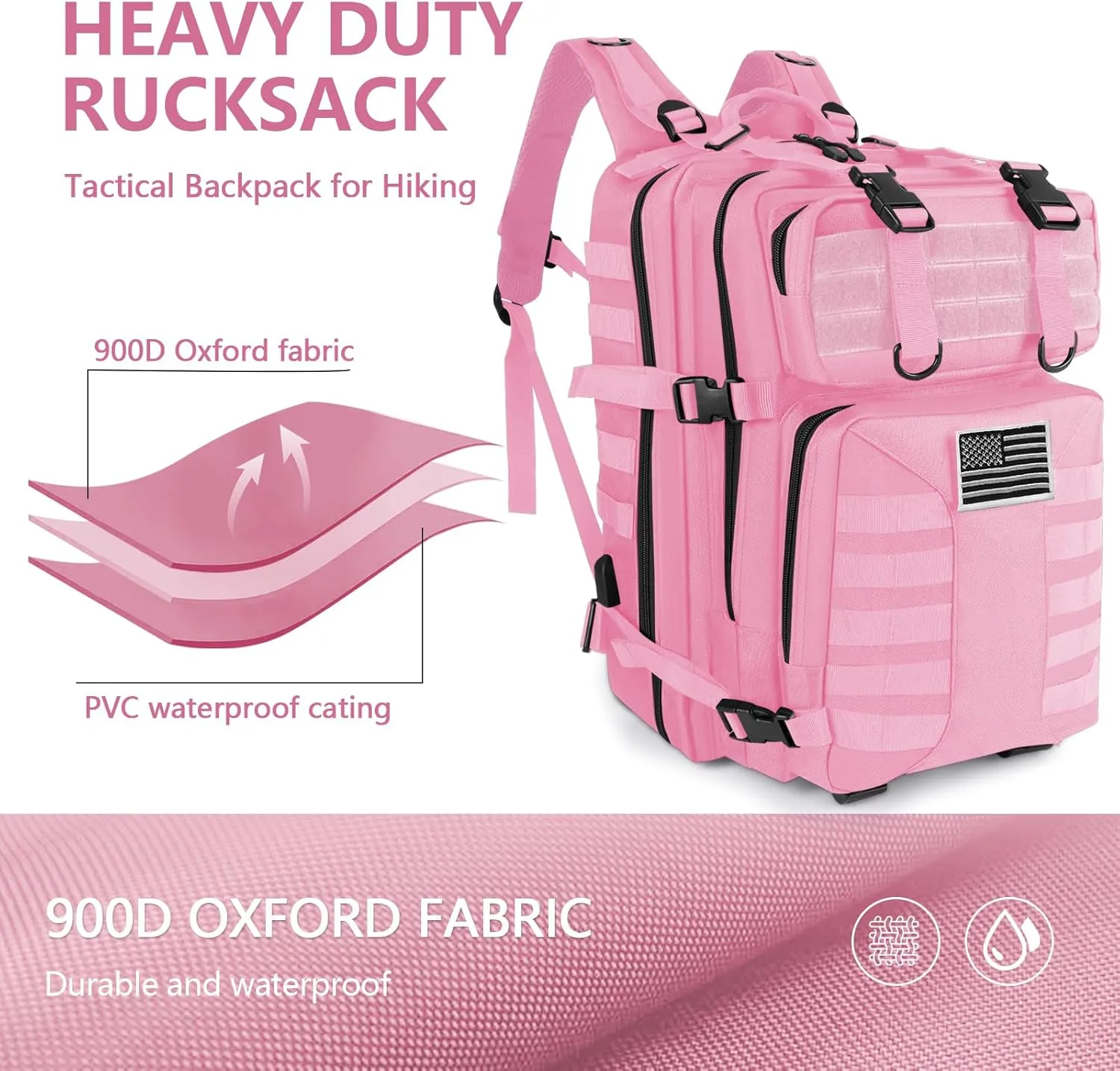 Military Tactical Backpack - 45L Large Assault Tactical Backpacks Molle Hiking Pack 3 Days Bug Out Bag - Waterproof Army Rucksack Tactical Gear for Camping/Traveling/Gym/Fishing-Pink