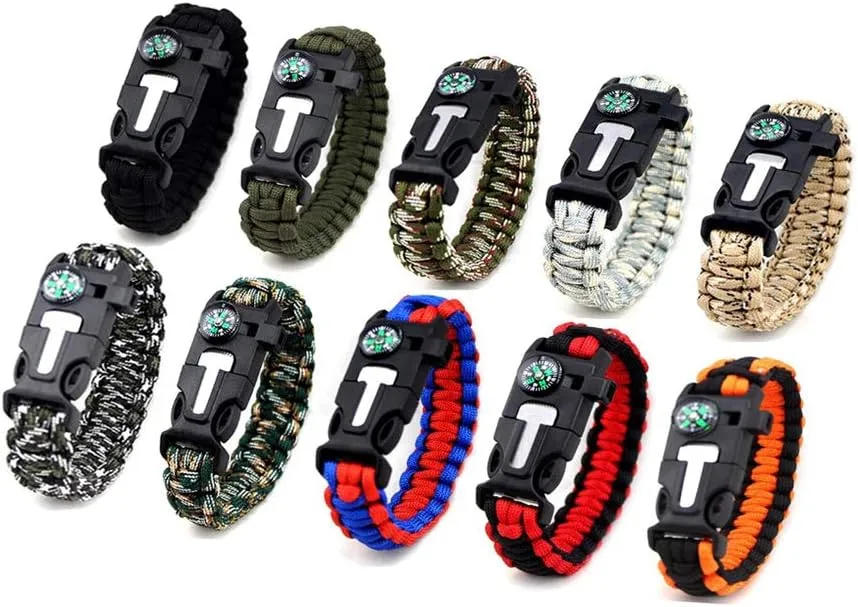 MQQC Kissmi 10 Pack Paracord Bracelet Survival Gear with Compass, Fire Starter, Whistle and Emergency Knife,Best Wildness Survival -Kit for Camping/Hiking