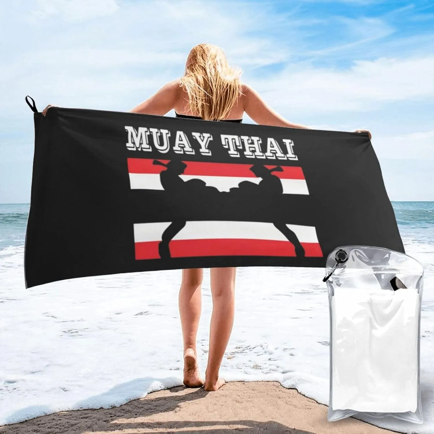 Muay Thai Thailand Flag Beach Towel Quick Dry Sand Free Lightweight Large 27.5"x55" with Travel Bag - Vacation Essentials Bath Towel for Pool, Summer