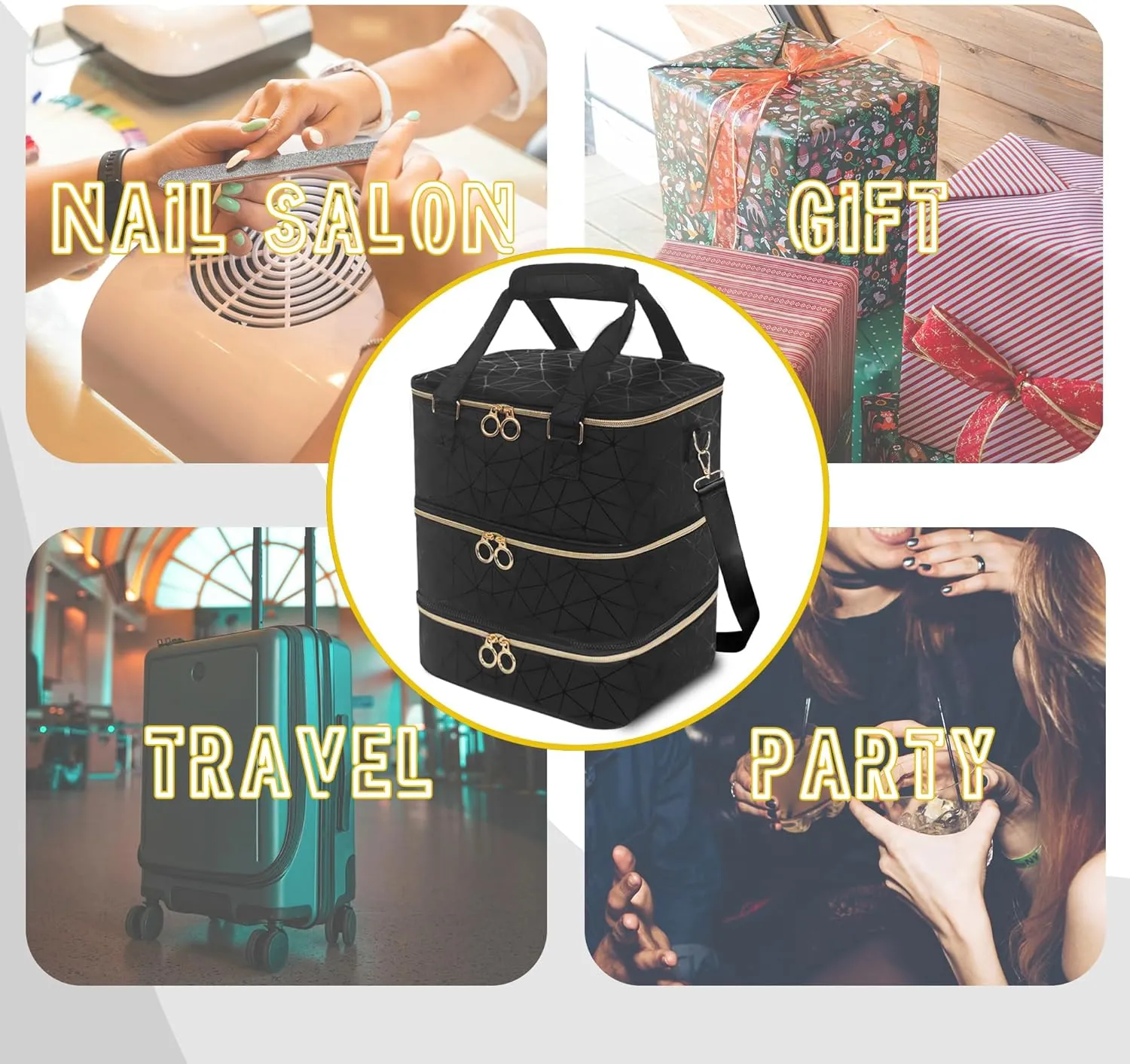 Nail Polish Organizer Bag, PU Leather Organizer for 30  Bottles (15ml/0.5fl.oz) and Nail Lamp, Double-Layer Nail Stuff Carrying Bag (Black, 84-Bottles)