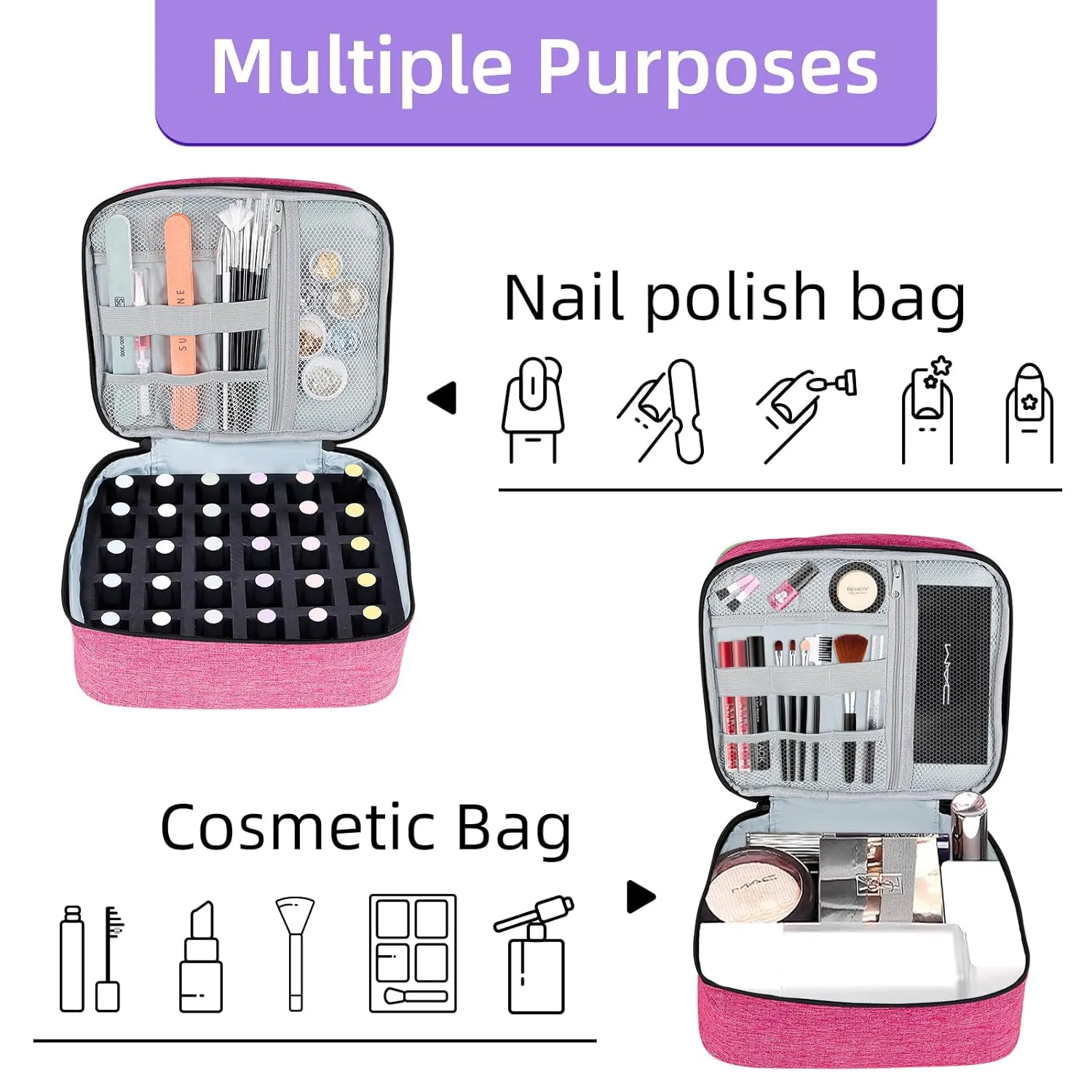 Nail Polish Organizer Double layer Nail Polish Case for Nail Dryer Lamp Holds 30 Bottles (15ml - 0.5 fl.oz) Portable Nail Storage Organizer for Nail Tech (Rose)